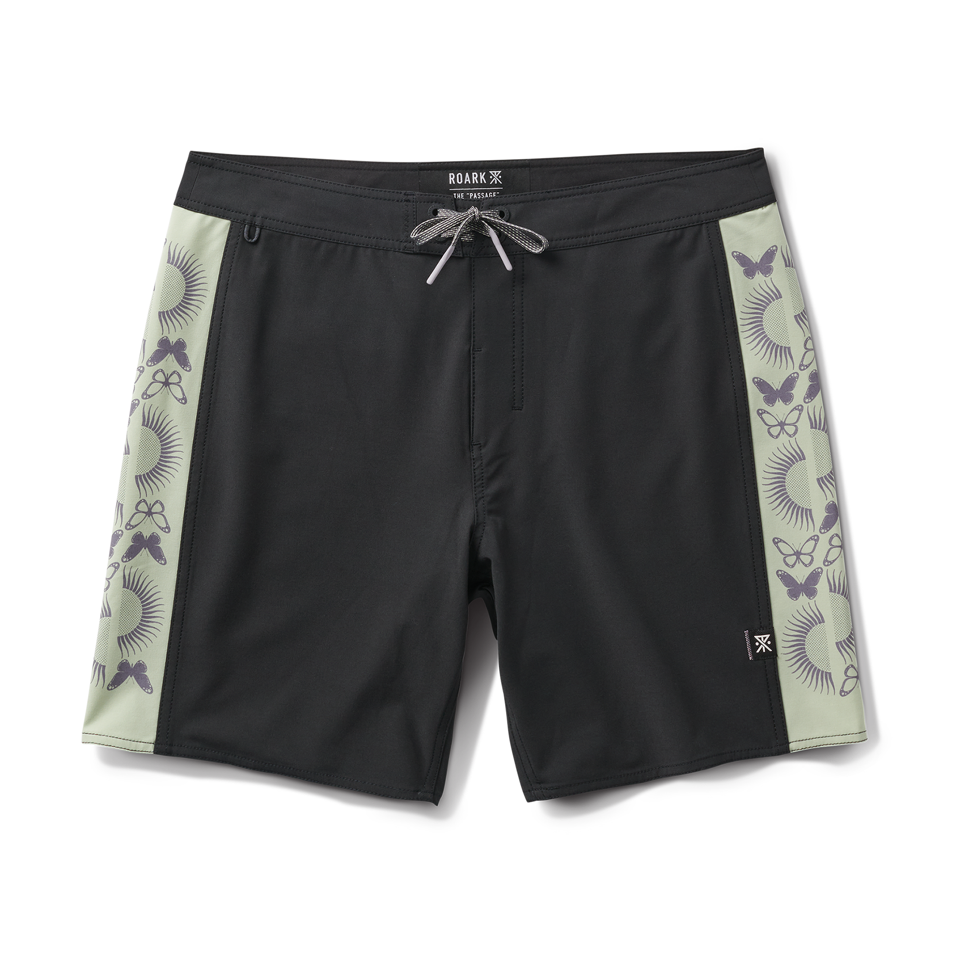 Black swim shorts with butterfly and sun print side panels, a modern design for active adventures or laid-back beach days.