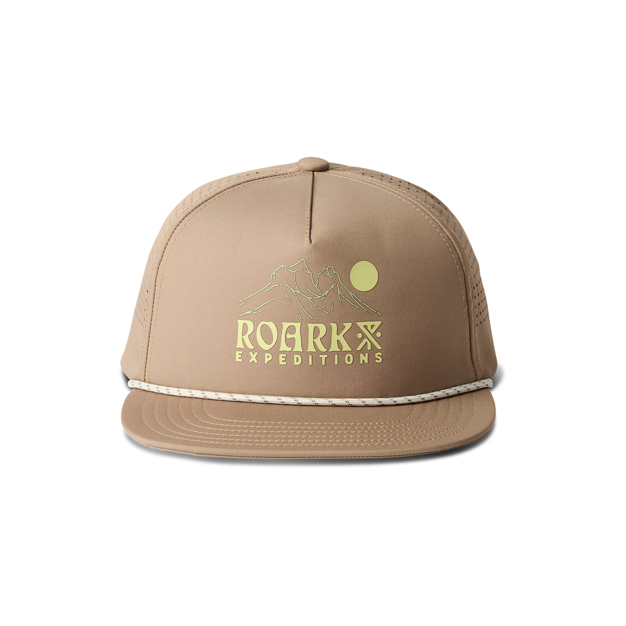 Roark cricket cap featuring a signature logo and graphic design on the label, styled in khaki for outdoor adventures.