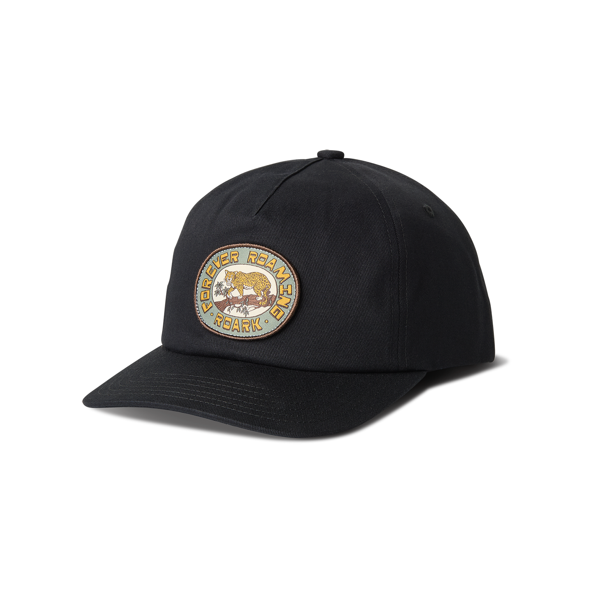 Close-up of a versatile Roark trucker hat featuring a prominent logo, perfect for outdoor adventures and travel.