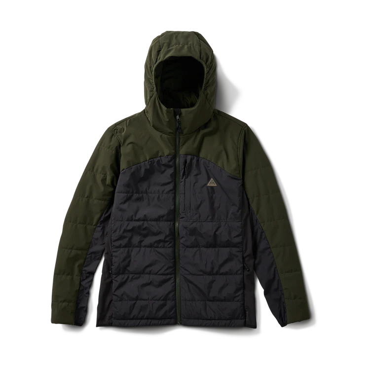 Front view of a green and black hooded puffer jacket, designed for warmth and style in cold weather.
