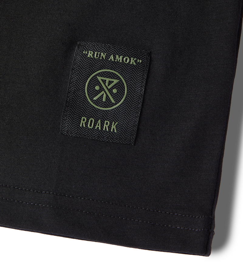 Roark Mathis Core Short Sleeve Tee in Black, showcasing a close-up of the front graphic.