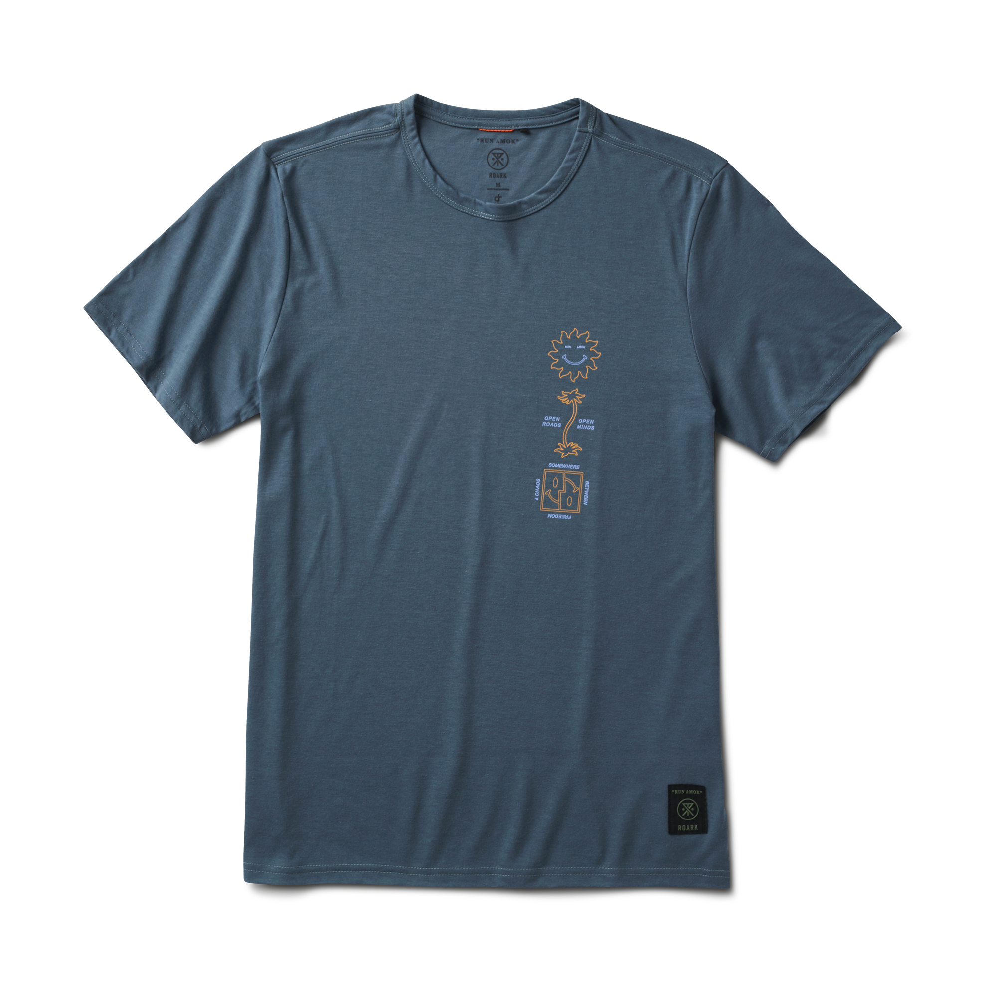 A model wearing the Roark Mathis Core Short Sleeve Tee in blue, showcasing the comfortable and stylish design. Shop the official Roark store now.