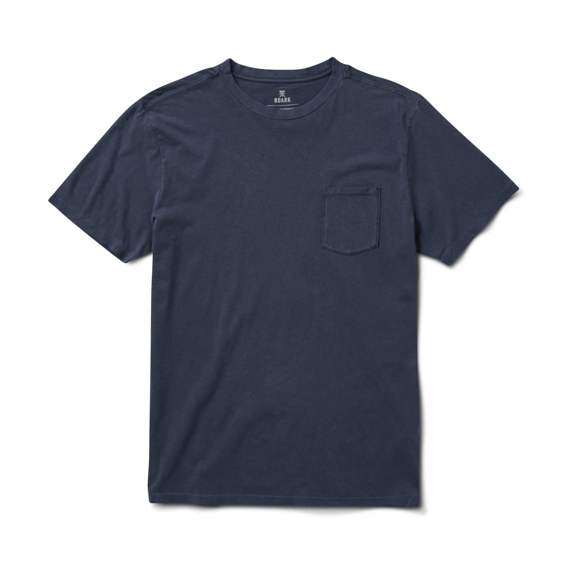 A model wearing the Roark Made To Fade Short Sleeve Tee in Washed Navy, showcasing the comfortable and stylish design. Shop the official Roark store now.