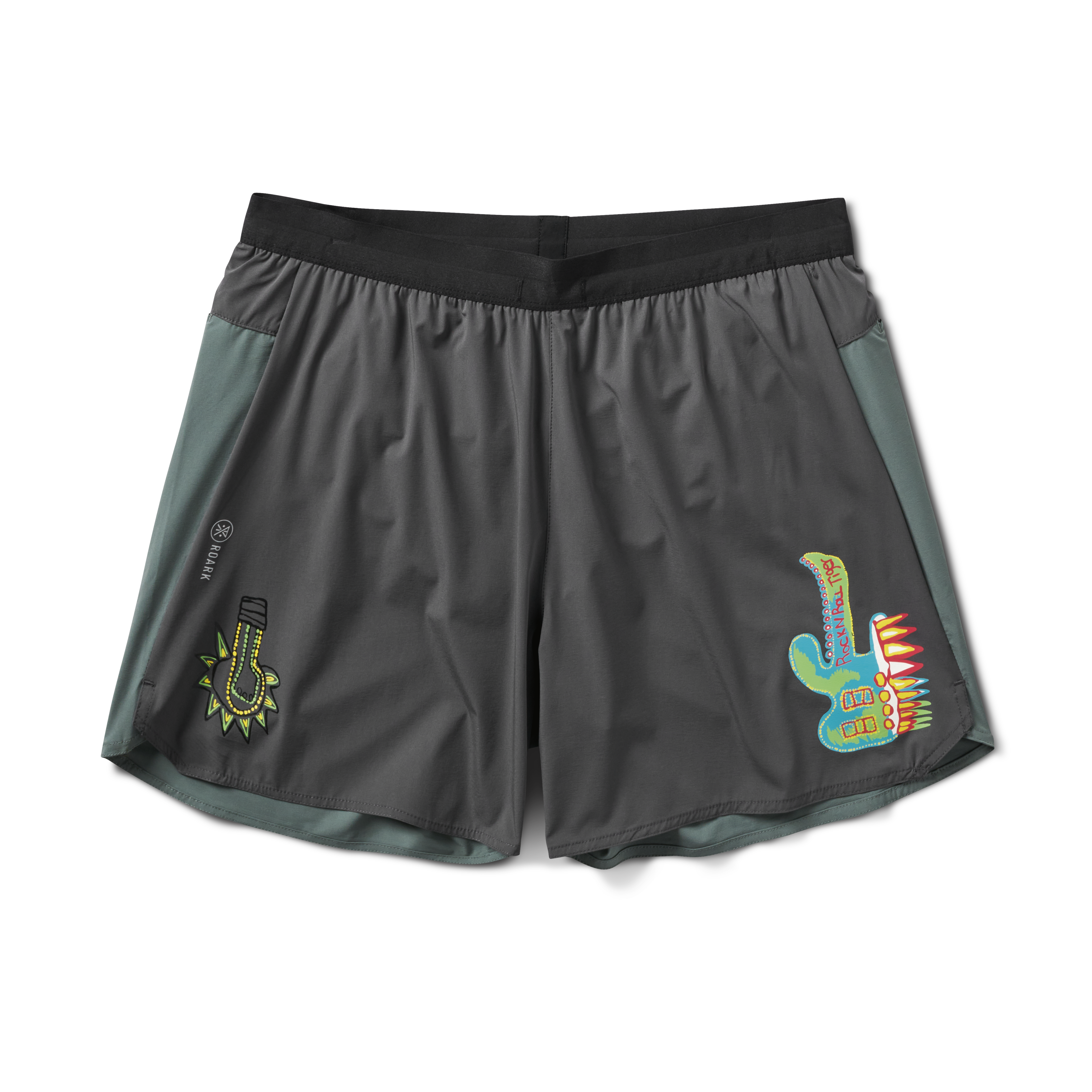 Front view of graphic performance shorts featuring vibrant 'Rock N Roll' prints, designed for style and high performance.