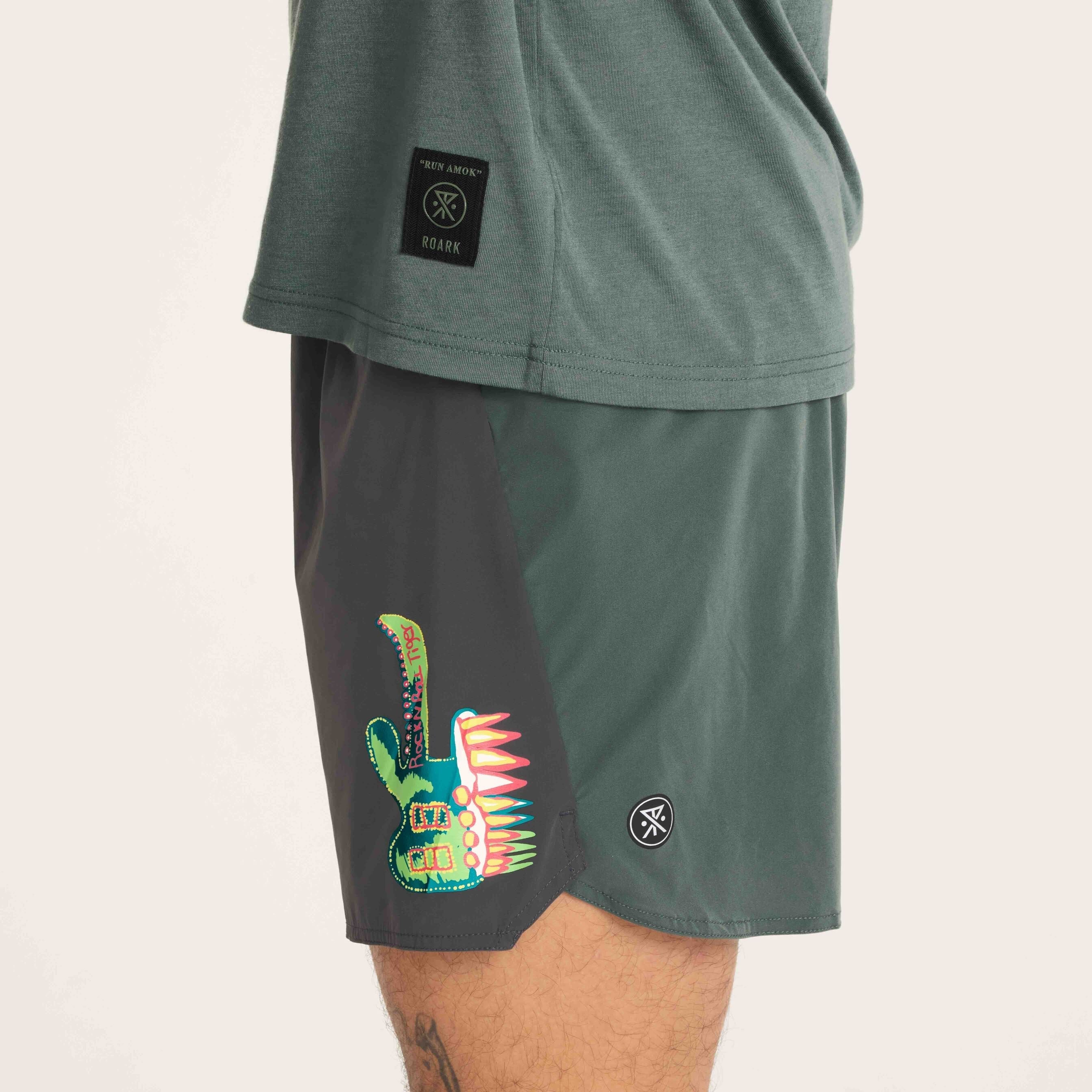 Close-up of the printed logo and creative graphic, highlighting the attention to detail in these premium shorts.