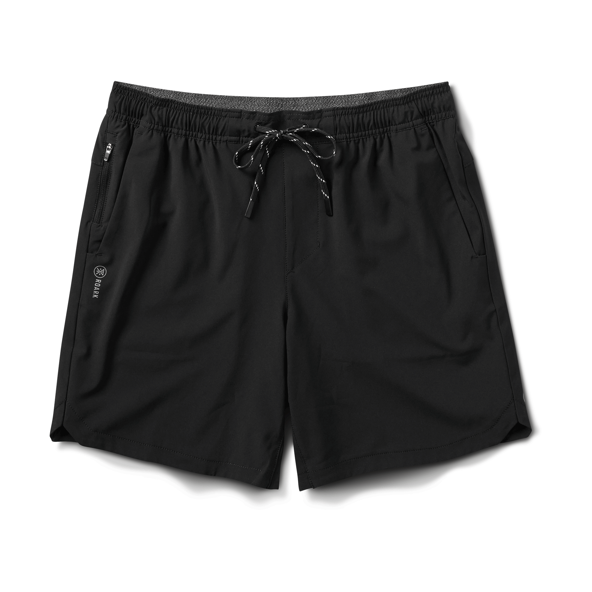 Front view of the Serrano athletic shorts in black, featuring a lightweight design with an elastic waistband, drawstring closure, and slash pockets. Perfect for running, workouts, or casual outings.