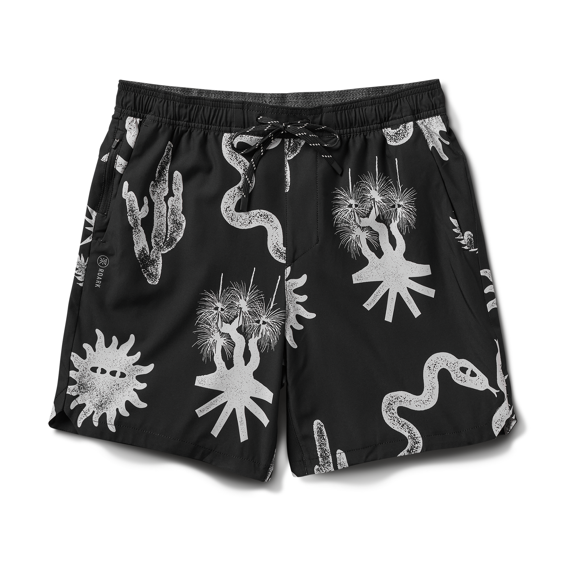 Front view of black swim shorts with bold white graphic prints featuring snakes, cacti, and abstract sun designs. Perfect for summer adventures and casual wear.