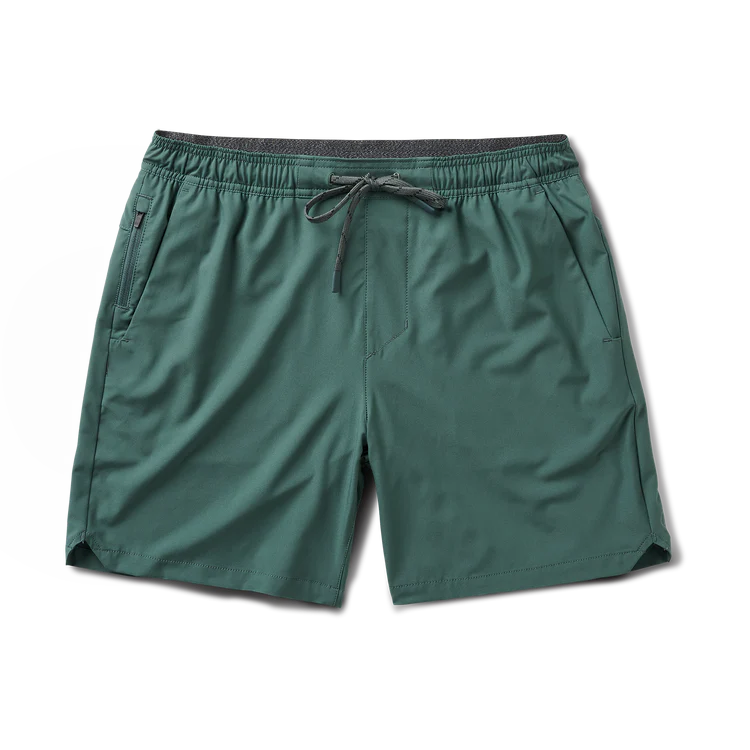 Front view of forest green Roark shorts with a drawstring waist and side pockets, ideal for comfort and active wear.