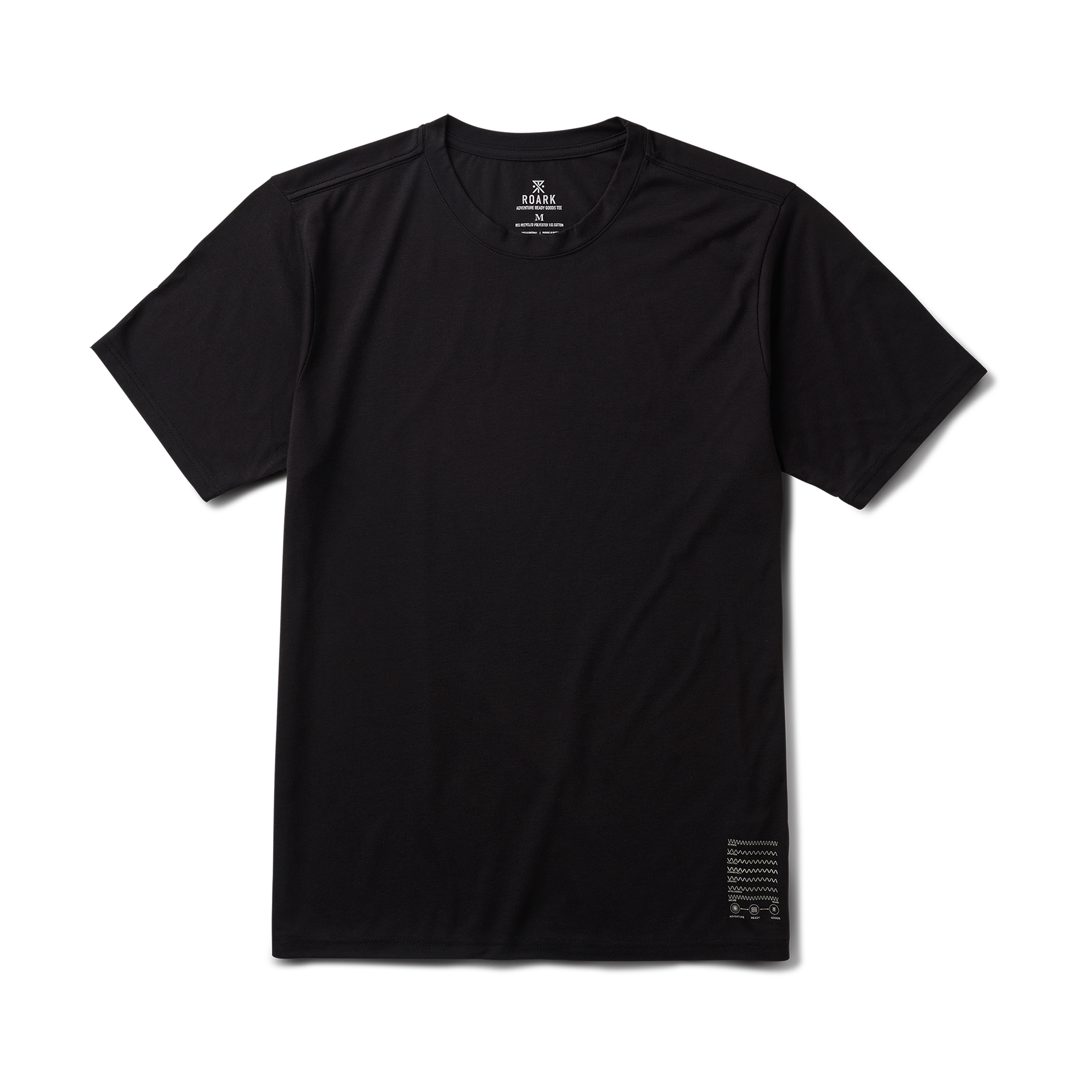 Close-up of an active black and grey Roark shirt, emphasizing its durable textile and sleeve design, suited for outdoor adventures.