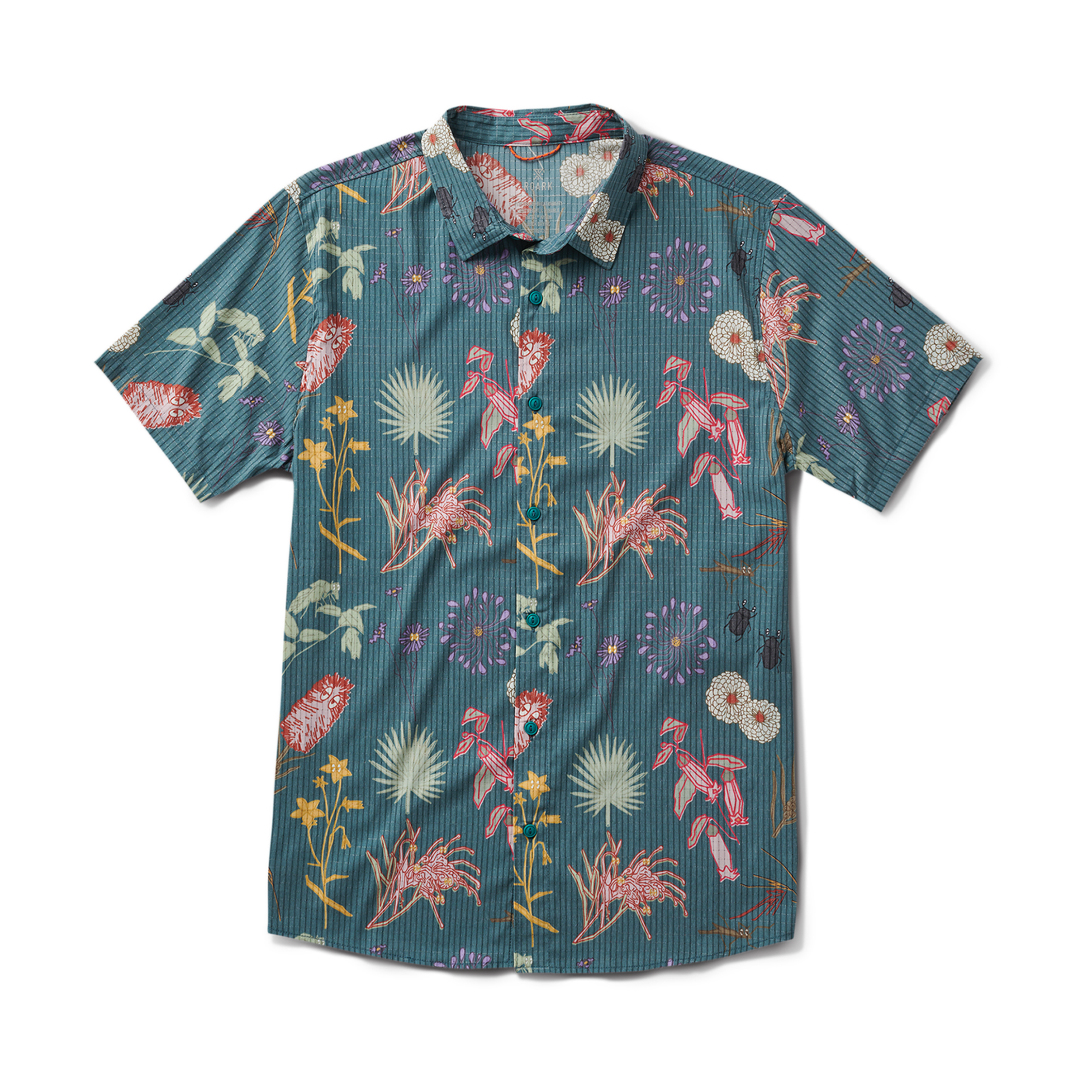 Close-up of an adventure-ready active shirt with a prominent collar, designed for outdoor activities and exploration.