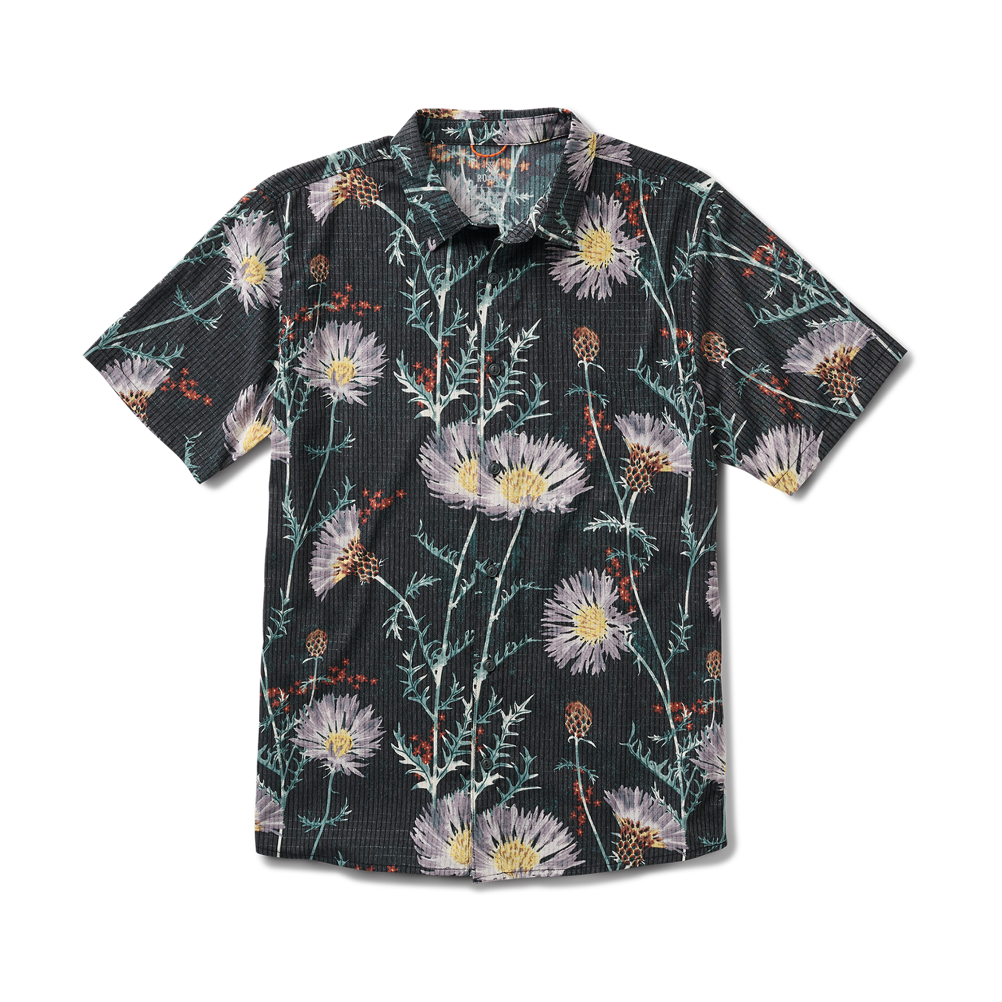 Detail shot showcasing the collar and button of a Roark adventure shirt, designed for durability and style in outdoor settings.