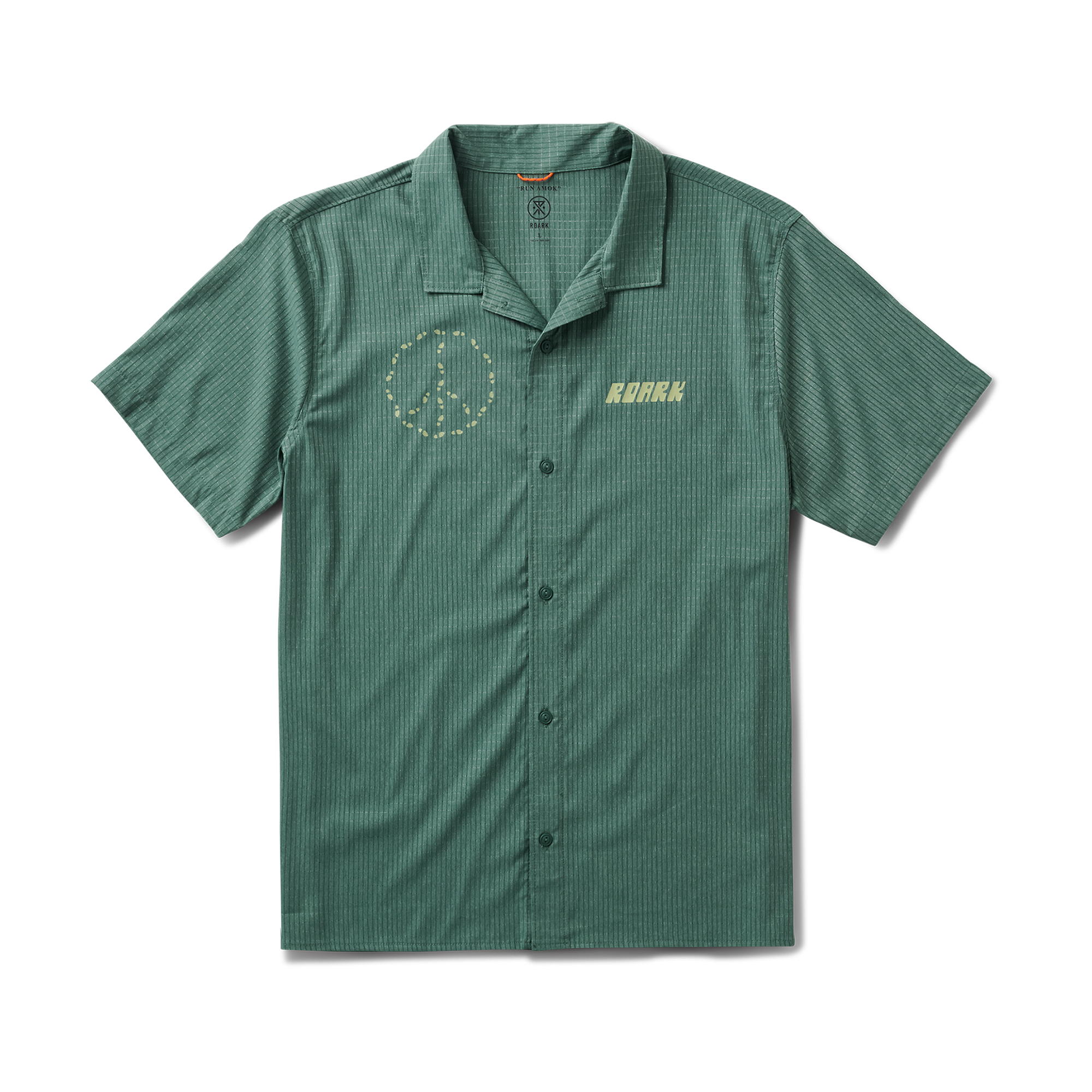 Close-up of a Roark active polo shirt featuring distinct collar, sleeves, and button details, designed for adventure and travel.