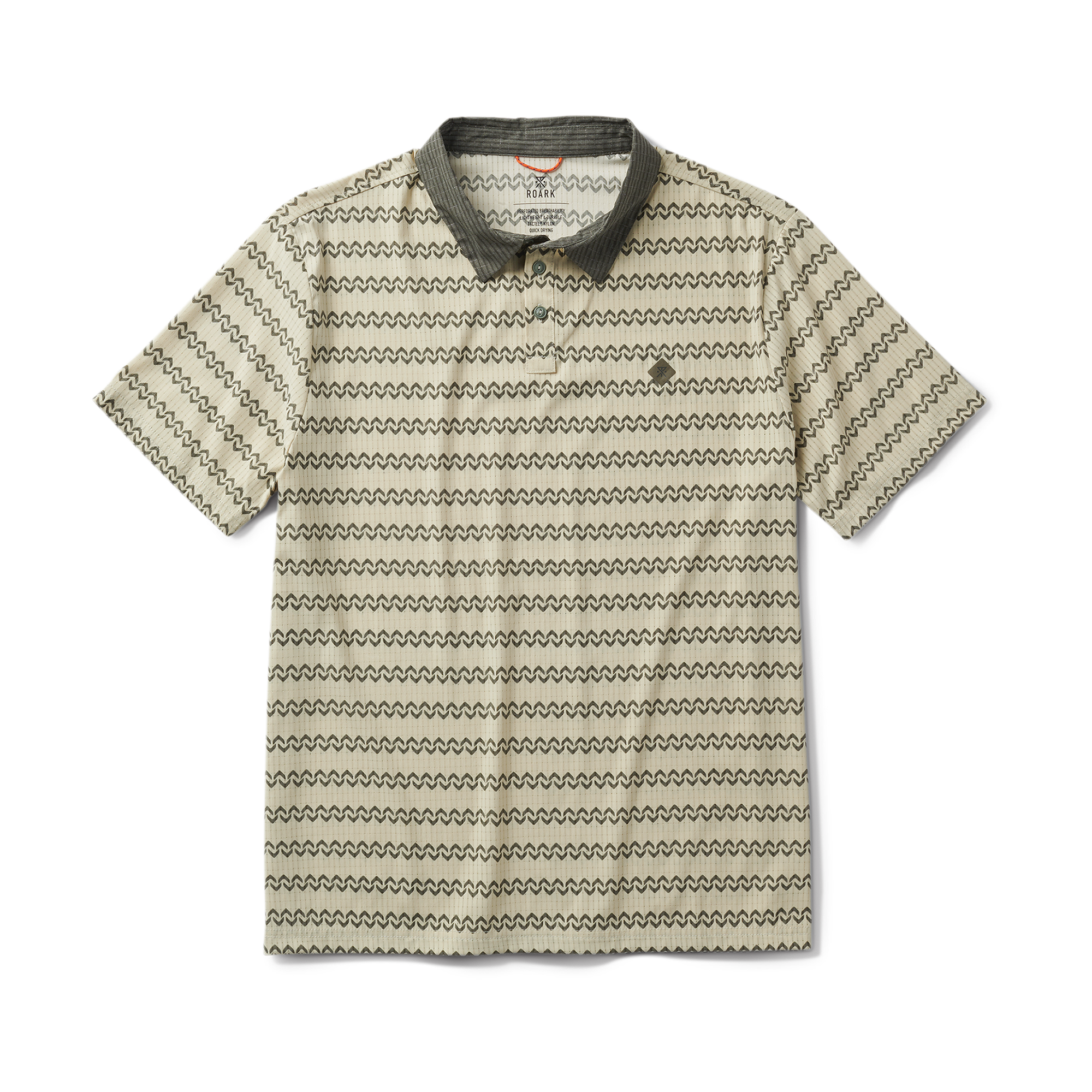 Close-up of a stylish Roark polo shirt featuring a distinctive collar and button details, perfect for adventure and travel.