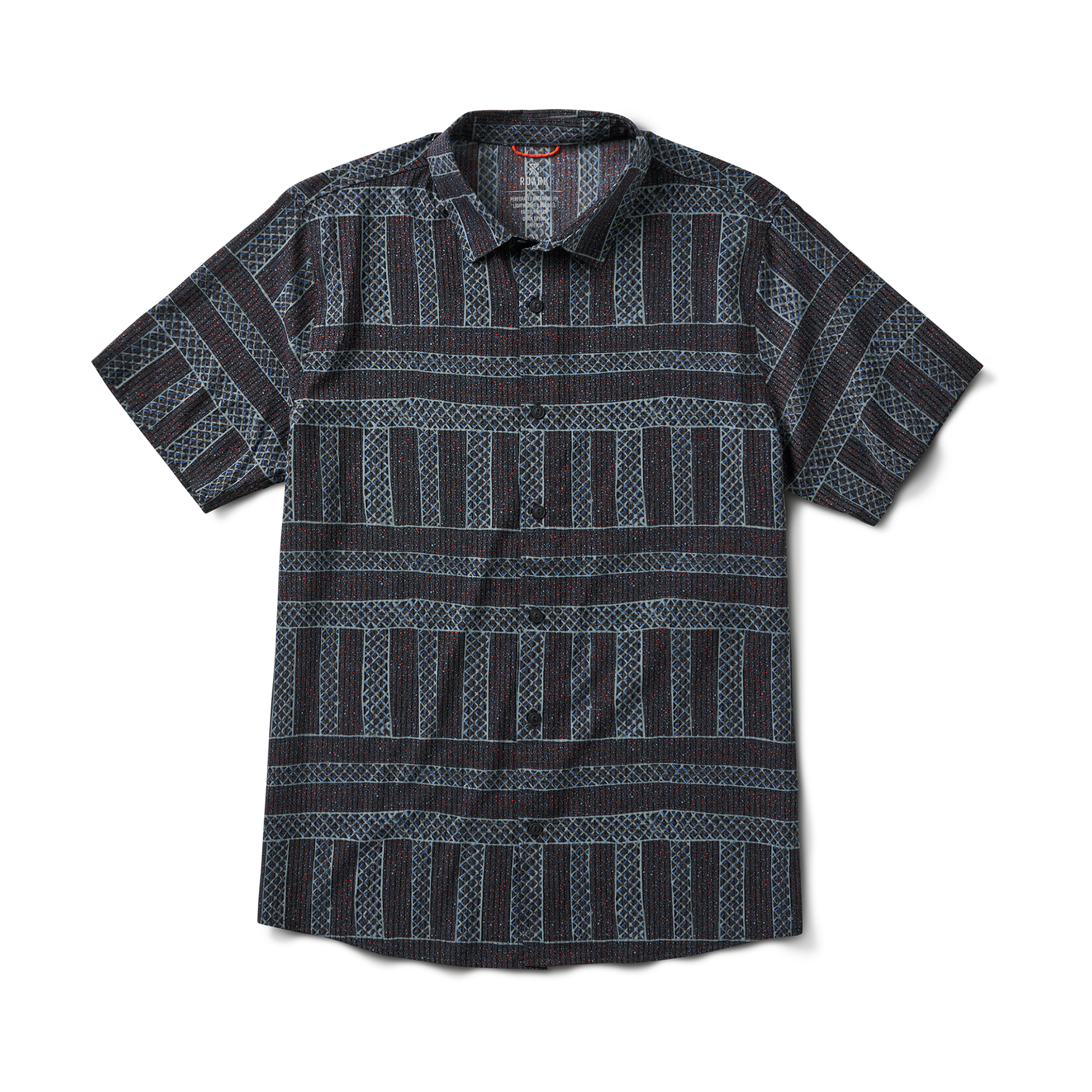Back view of a short-sleeve button-up shirt with detailed geometric patterns, styled for a relaxed look.