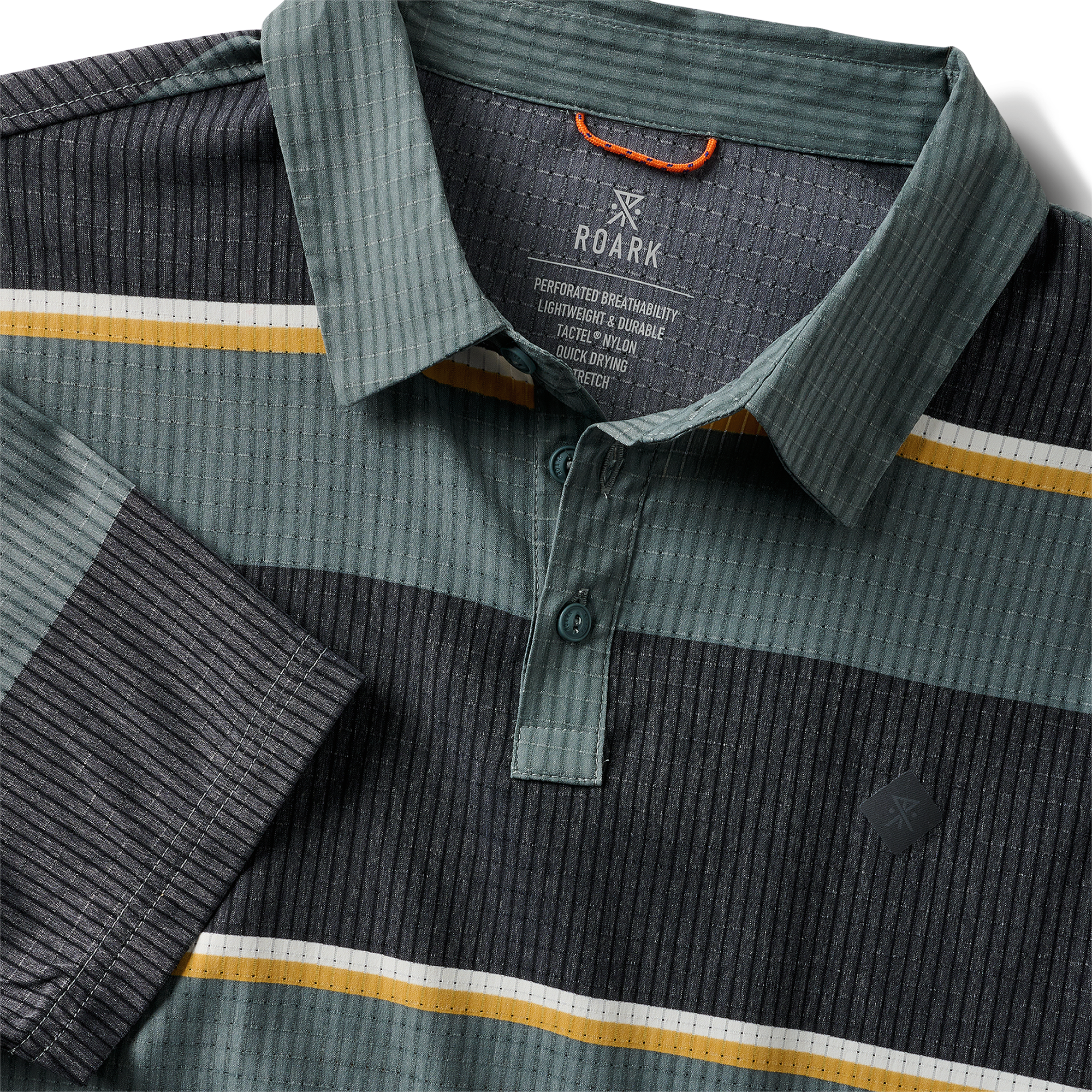 Close-up of a forest-striped polo shirt showcasing breathable and lightweight fabric with yellow and white accents for a classic look.