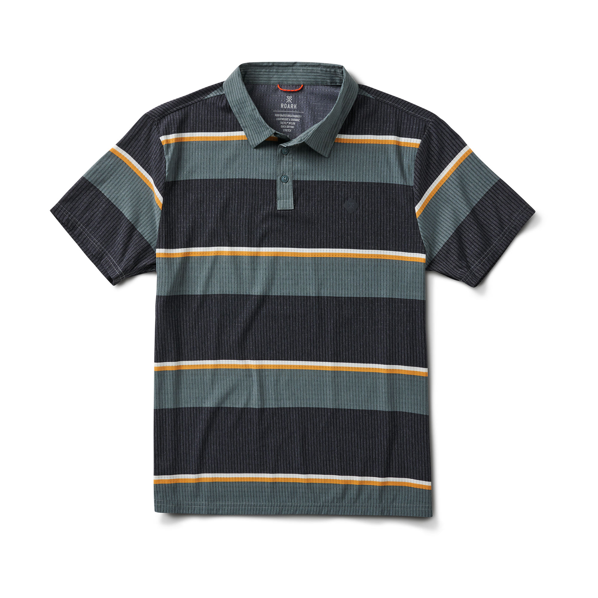 Front view of the striped forest-colored polo shirt with yellow and white accents, ideal for casual or outdoor adventures.