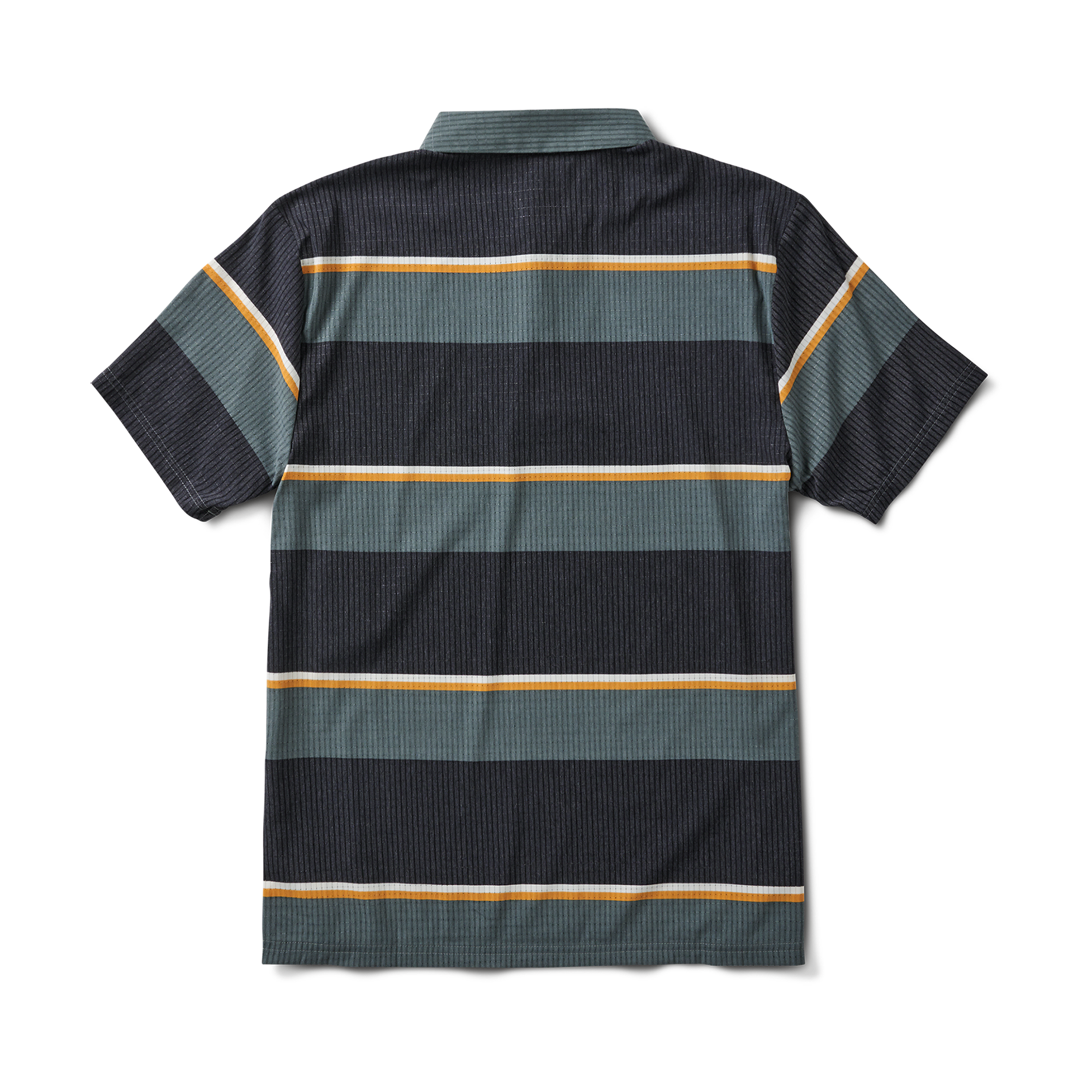 Back view of the striped forest-colored polo shirt, featuring its breathable fabric and stylish stripe design for versatile wear.