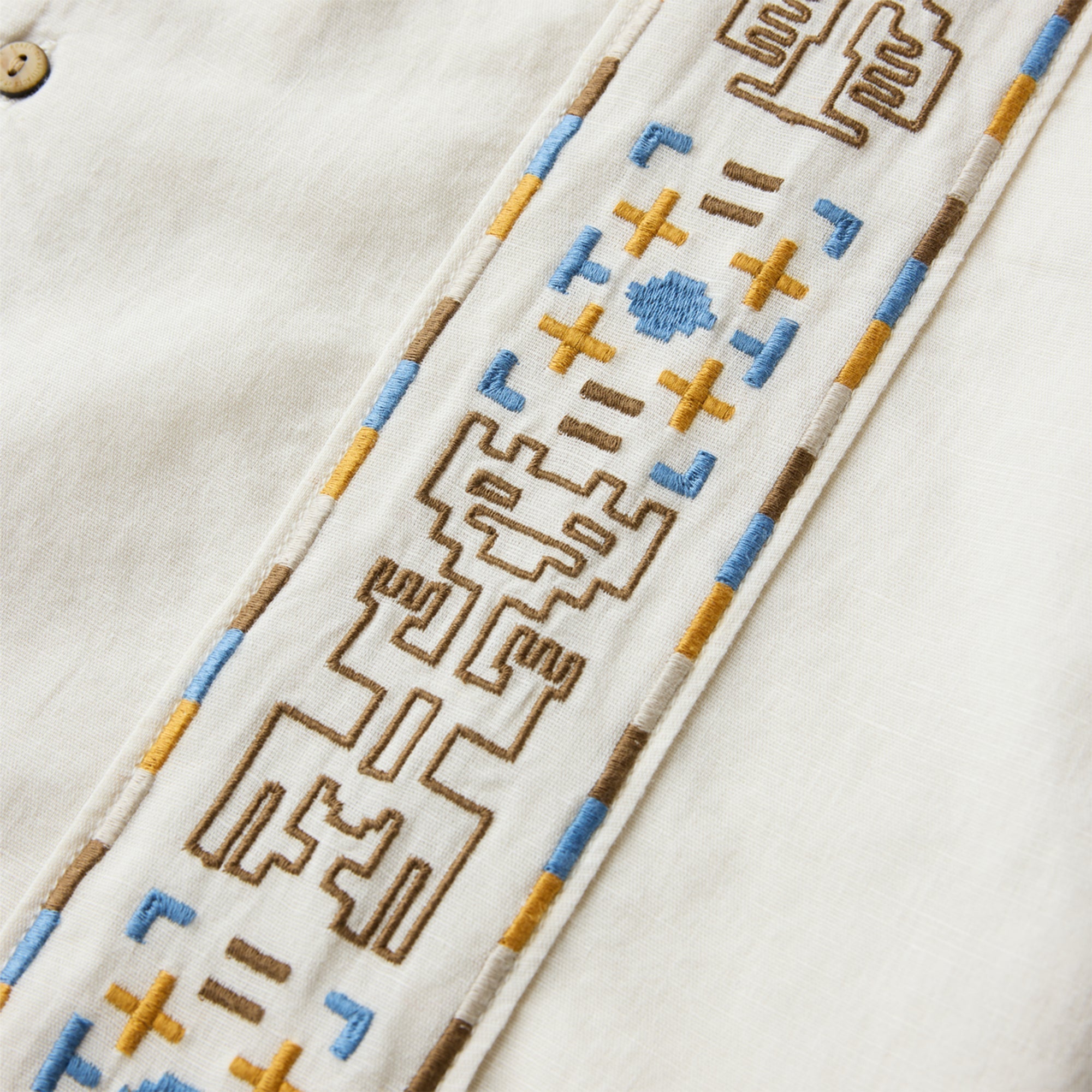 Close-up of intricate embroidery and stitching on durable denim, perfect for adventure and outdoor wear by Roark.