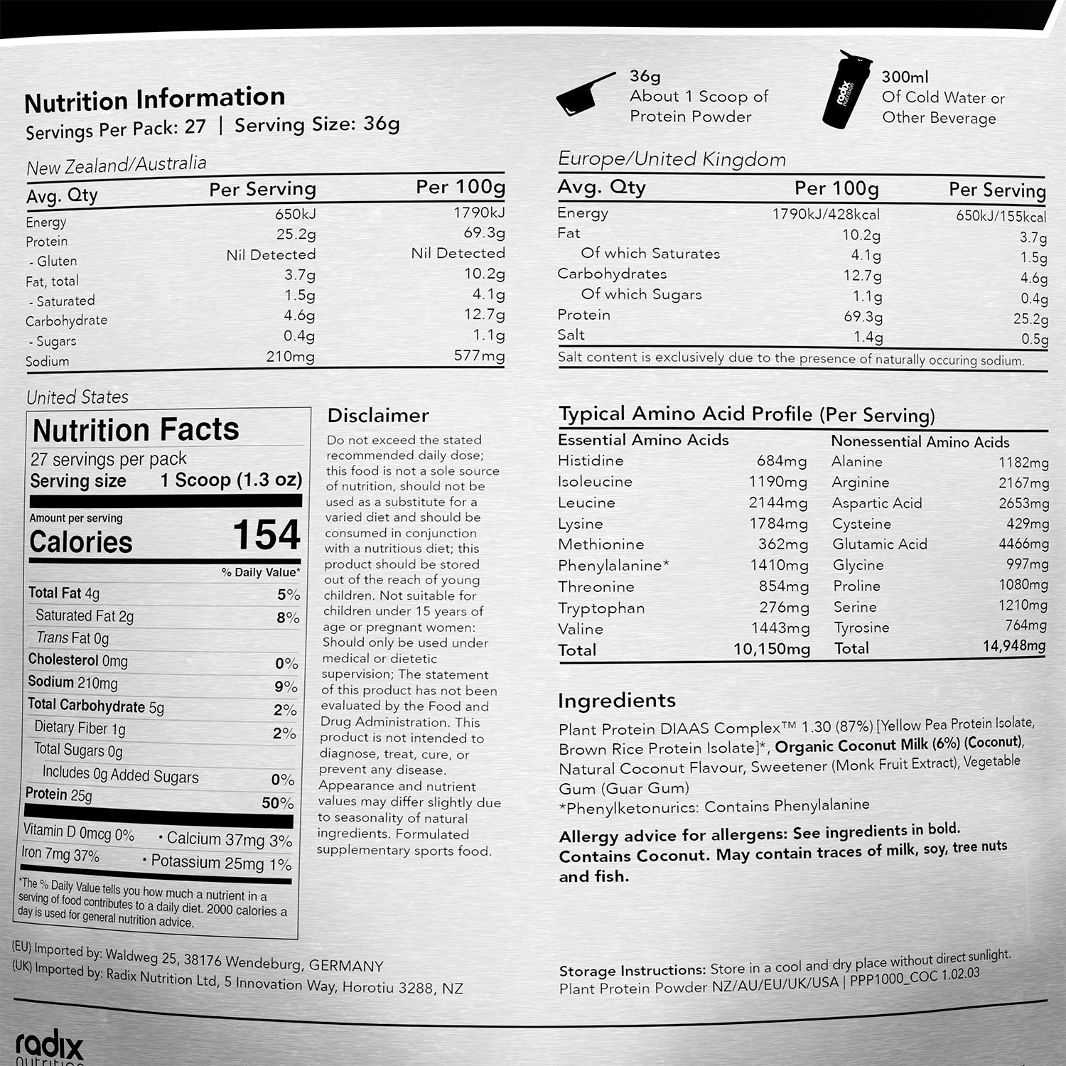 Plant Protein DIAAS Complex 1.30 - Coconut / 1kg Bag