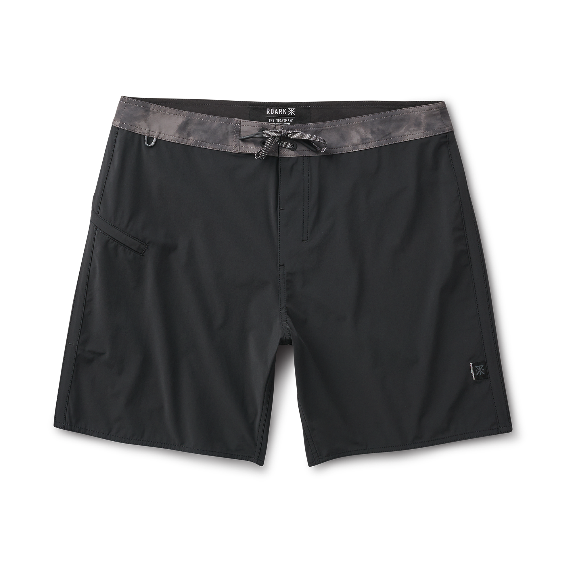 Front view of black boardshorts with a gray waistband, featuring a sleek and functional design for versatile performance.