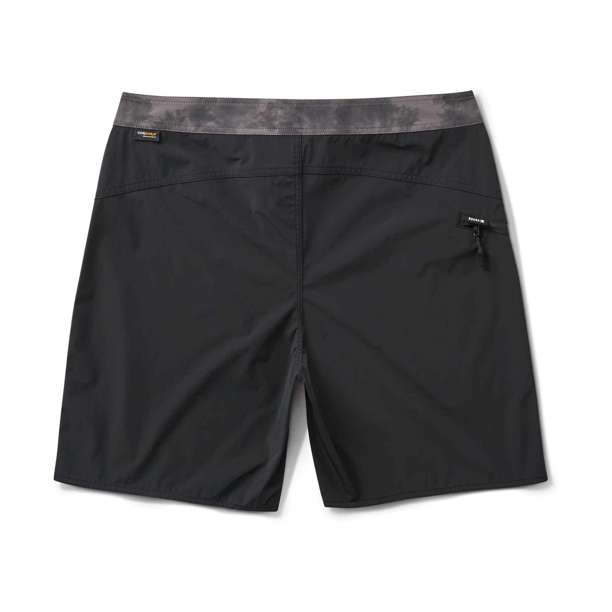 Back view of black boardshorts showcasing a pocket detail and tailored fit for comfortable all-day wear.