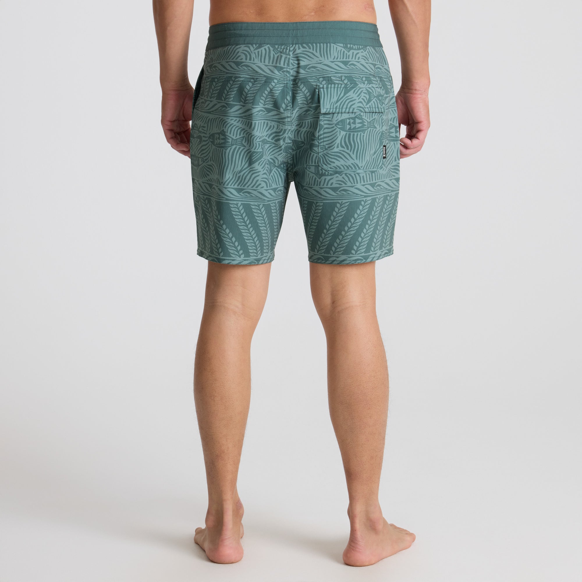 Close-up view of stylish Roark boardshorts featuring a unique pattern, perfect for outdoor and adventure lifestyles.