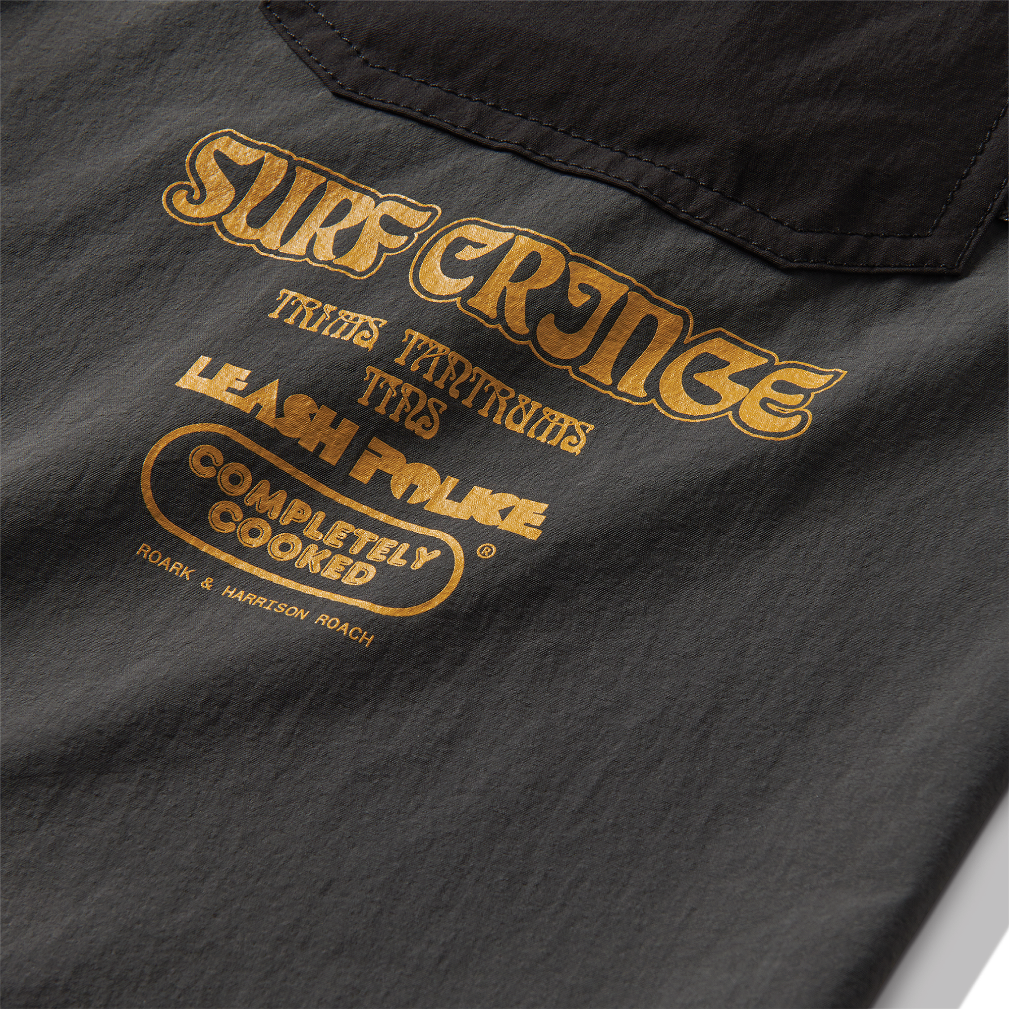 Close-up of a pocket on a Roark windbreaker in charcoal, designed for adventure travel and outdoor activities.