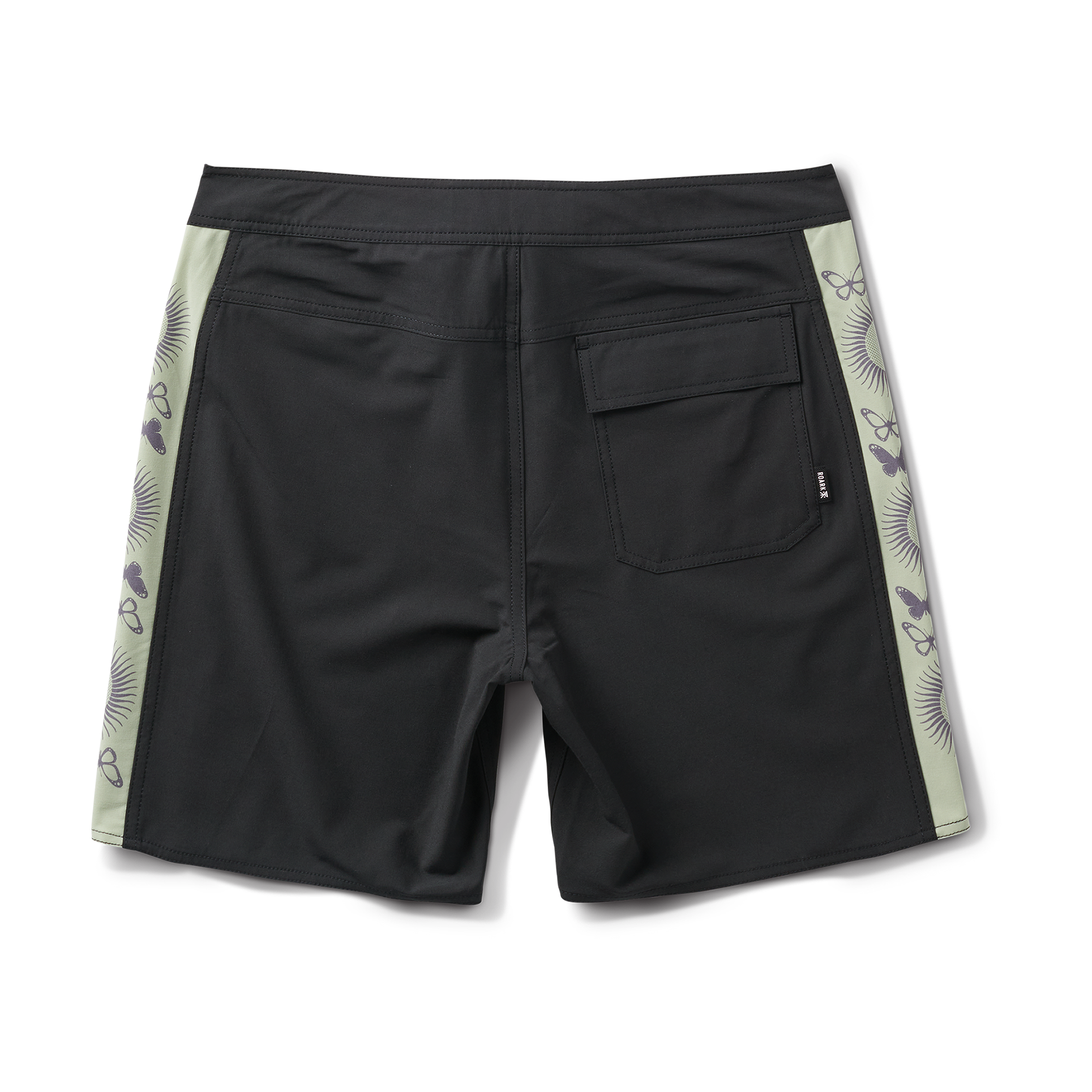 Back view of black swim shorts with a practical pocket and printed side panels. Designed for comfort and performance.