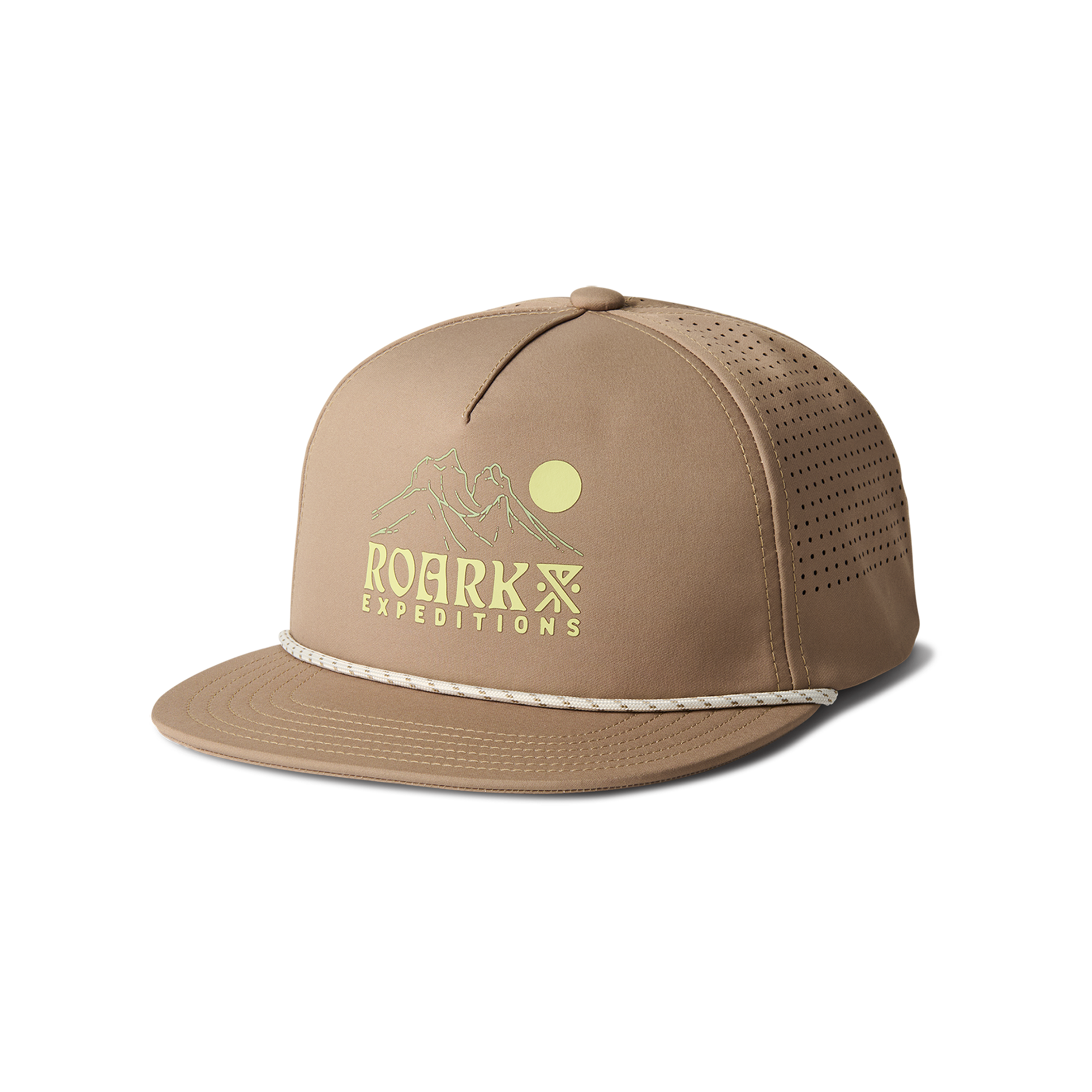 Cricket cap with Roark label in khaki color, designed for outdoor adventures and travel.
