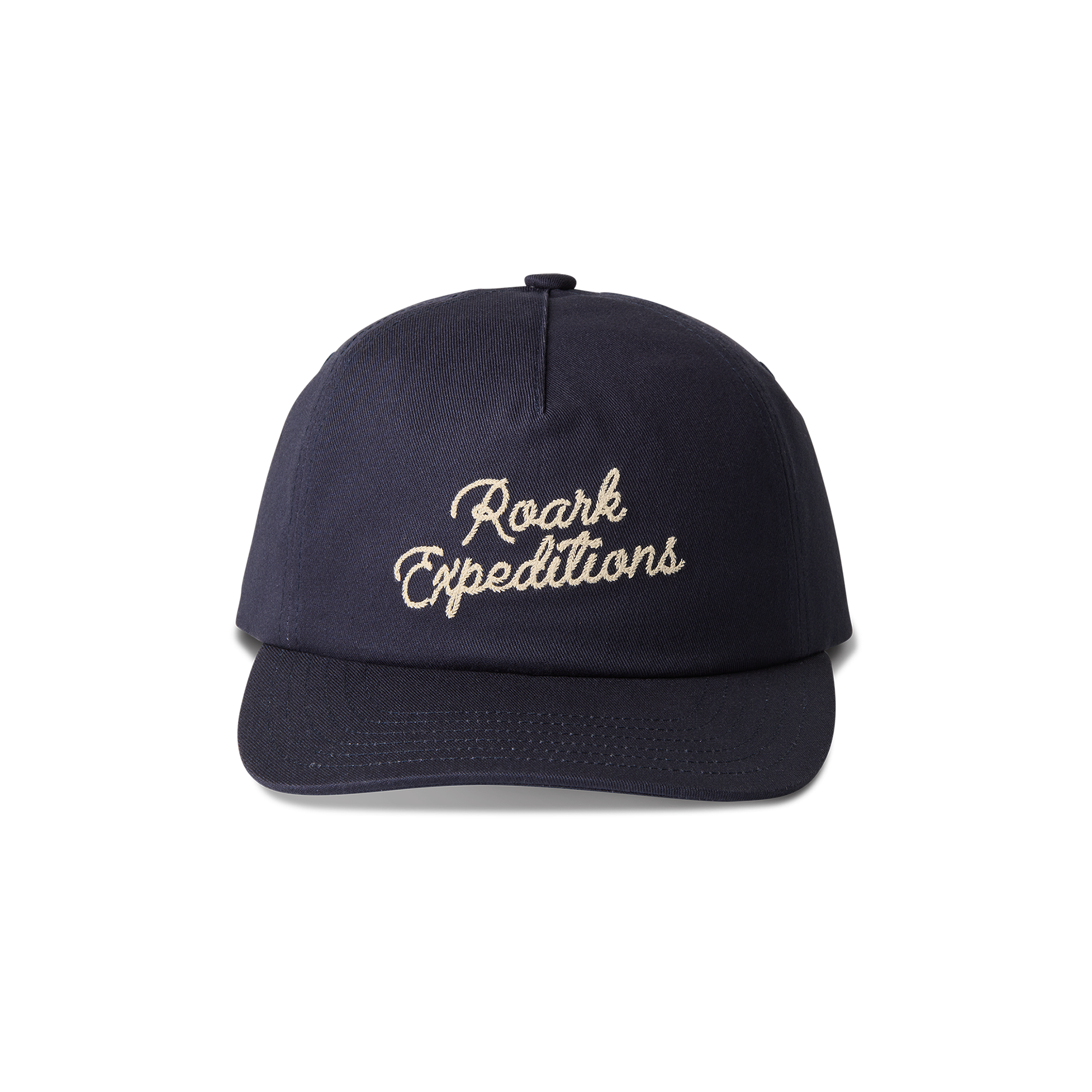 Roark navy baseball cap with logo on the front, designed for adventure and travel.