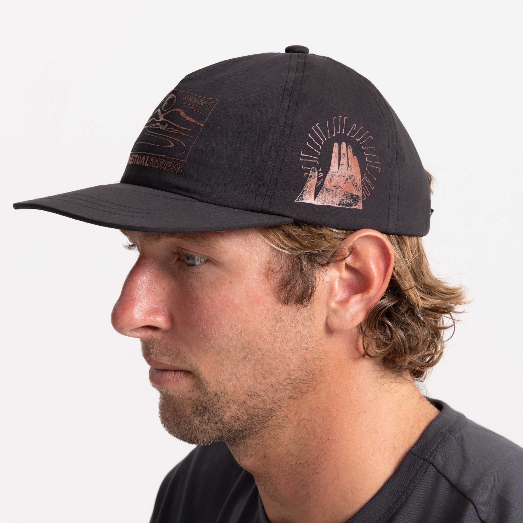 Stylish black adventure cap perfect for travel and outdoor activities, part of Roark’s headgear collection.