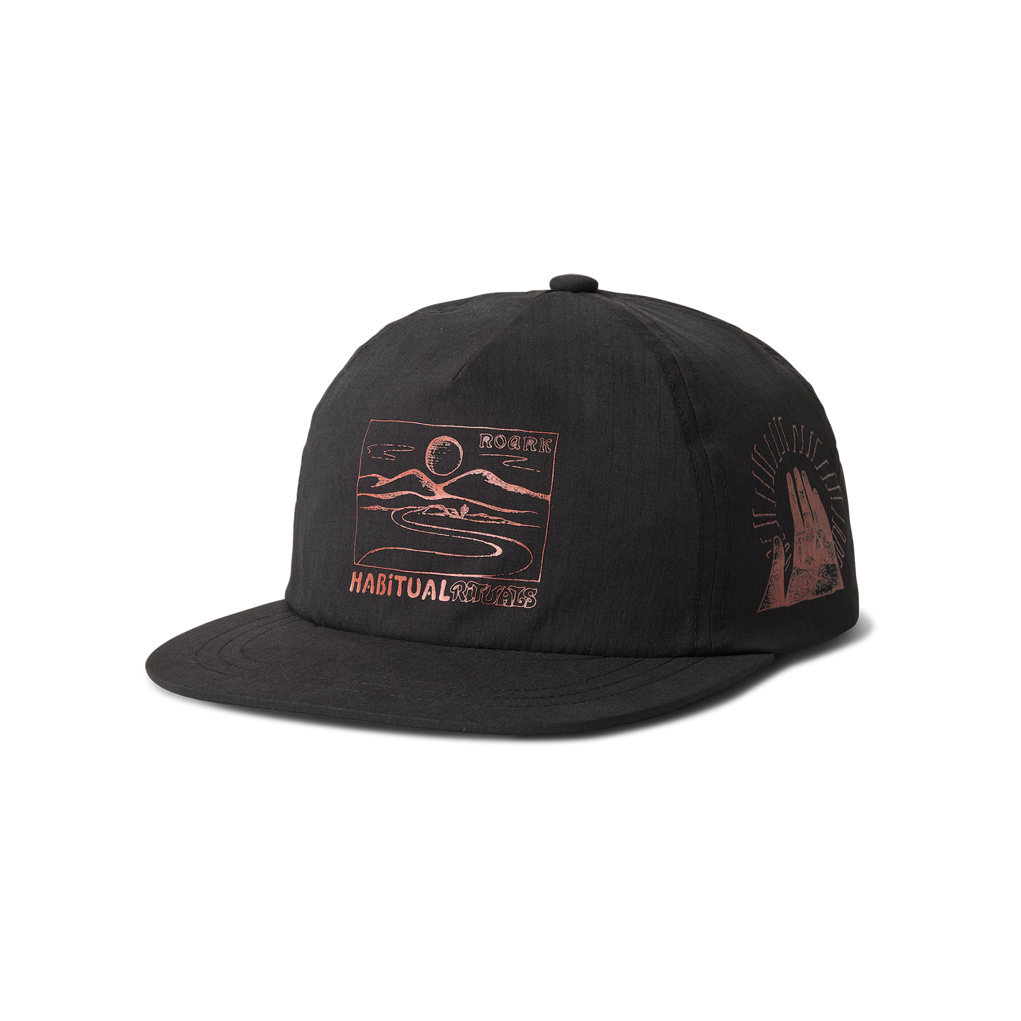 Graphic cap in black featuring adventure-inspired design, perfect for travel and outdoor activities by Roark.