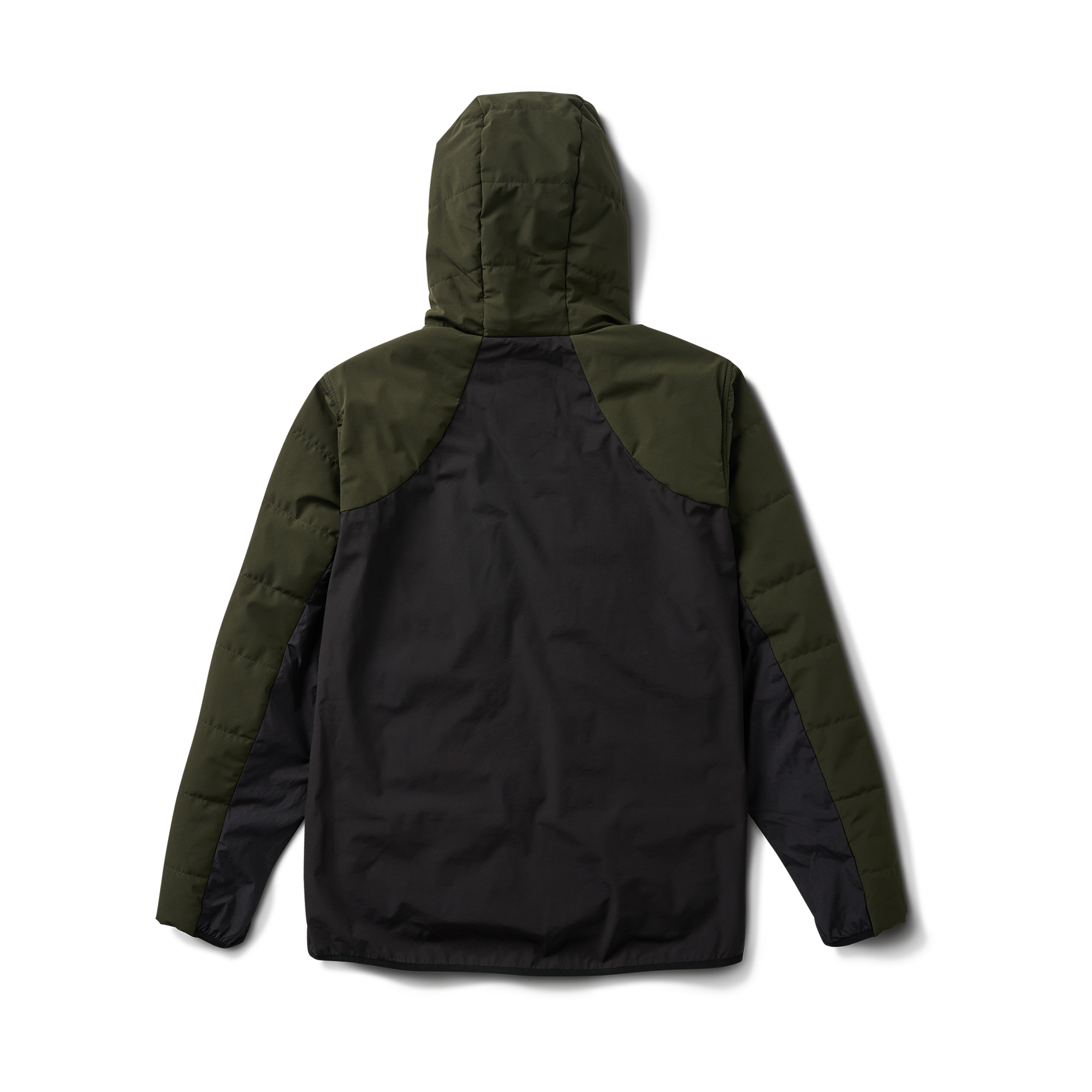 Front view of a green and black hooded puffer jacket, designed for warmth and style in cold weather.