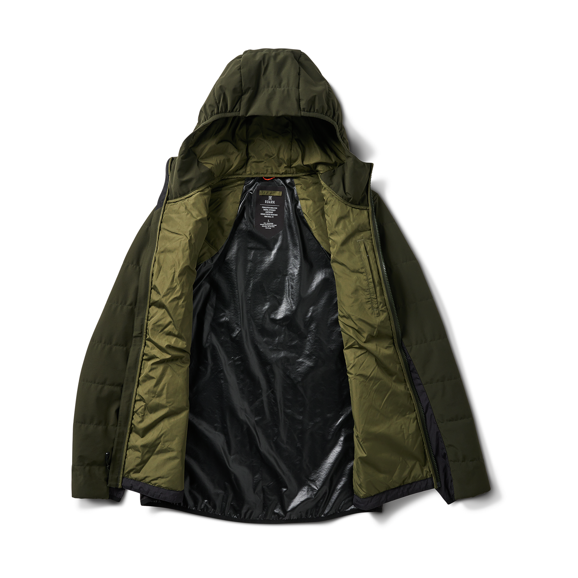 Interior view of a green and black hooded puffer jacket with a durable lining for maximum warmth and protection.