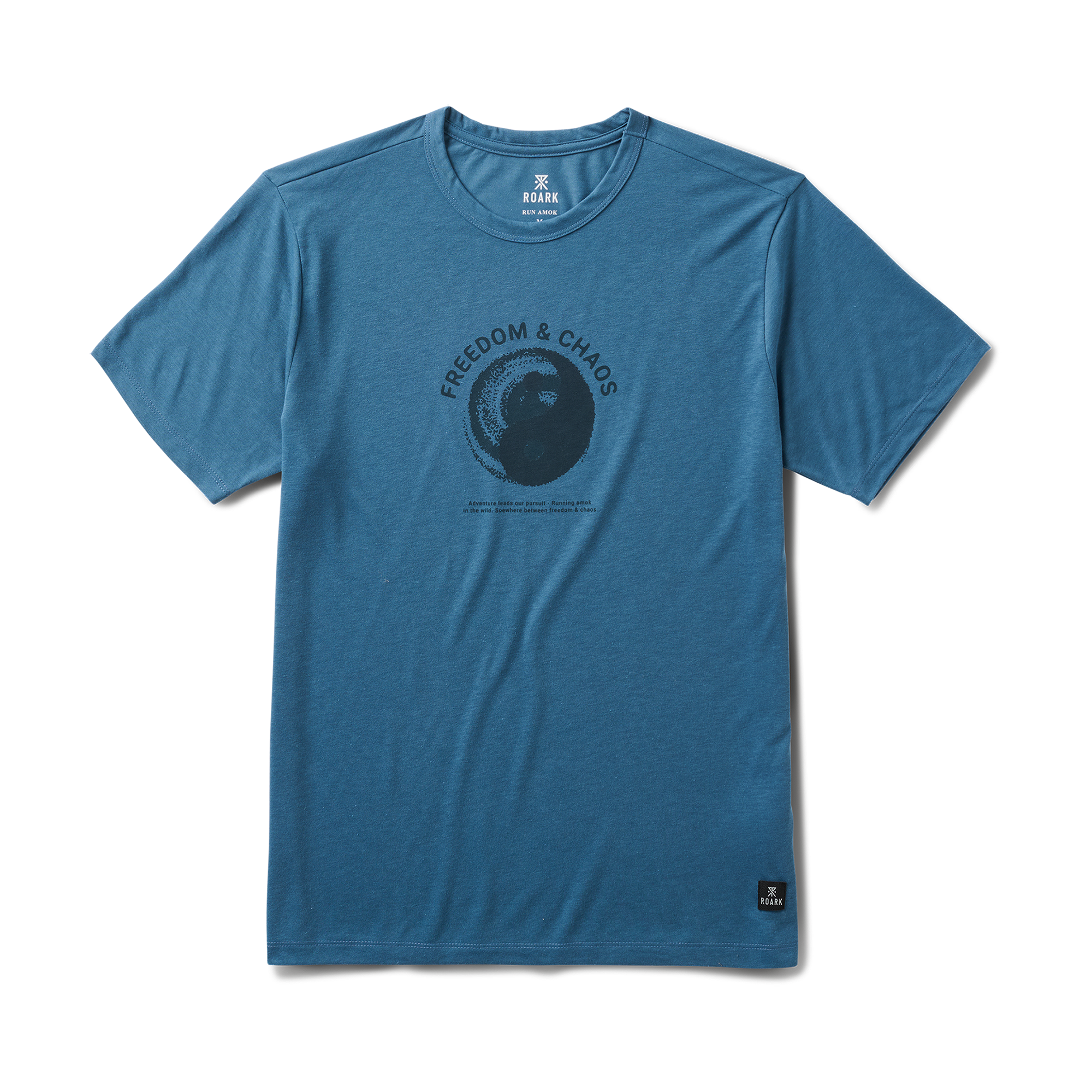 Close-up of a graphic active shirt featuring distinctive logo and sleeve details by Roark, designed for adventurers and travelers.