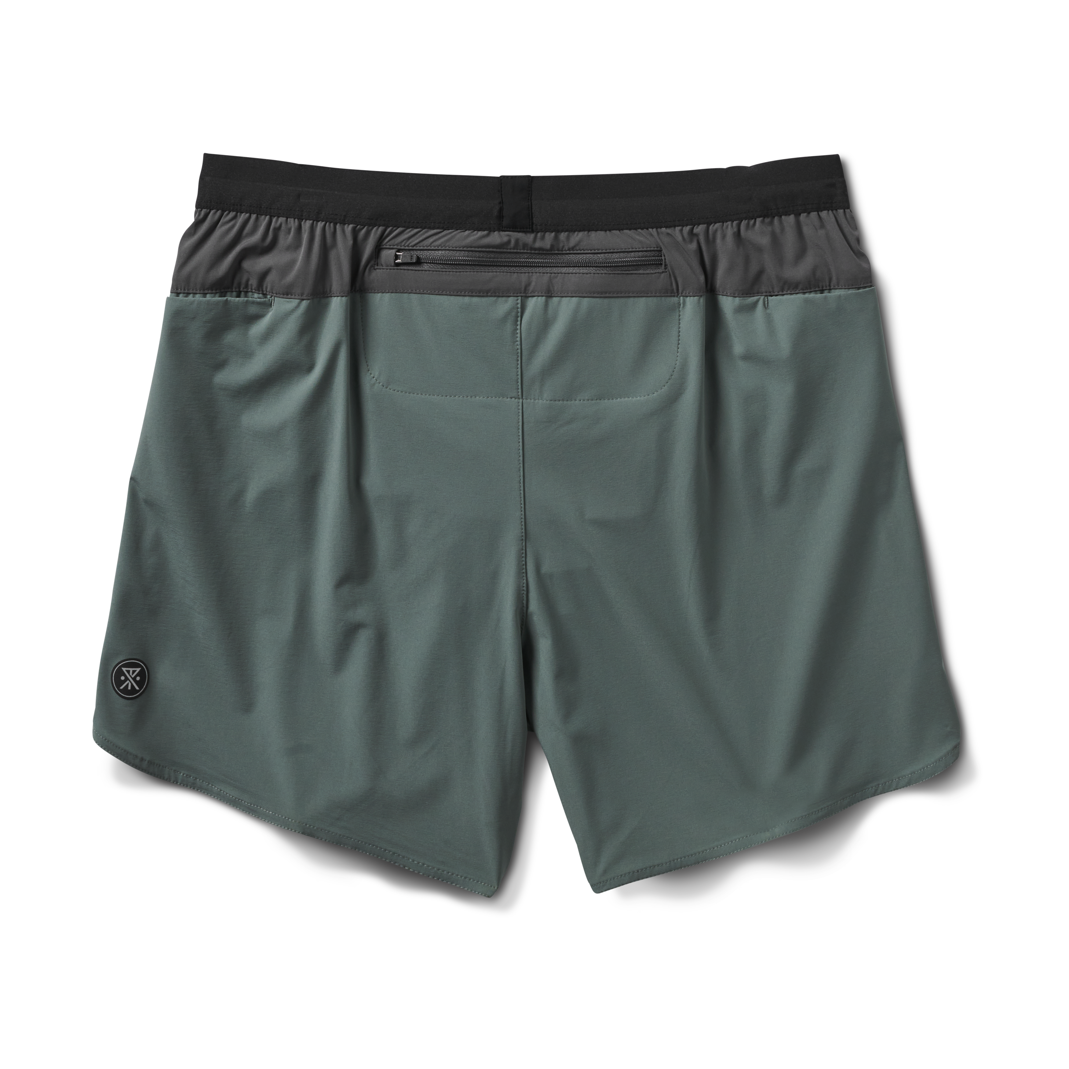 Back view of green and black performance shorts with zipper pocket for functionality and sleek, versatile design