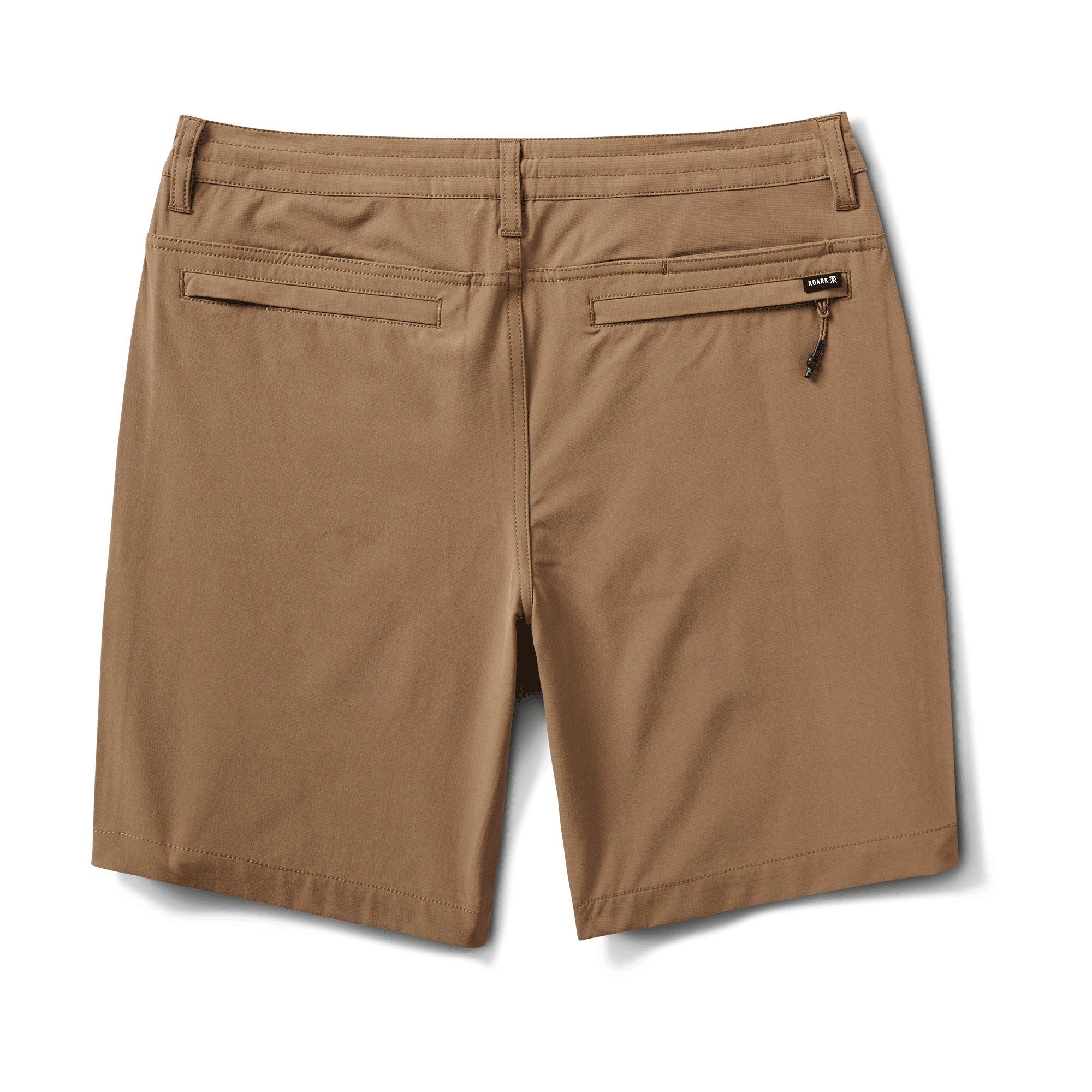  Back view of Roark Hy-Tide Hybrid Short in dark khaki, featuring zippered pockets and durable flat-felled seams.