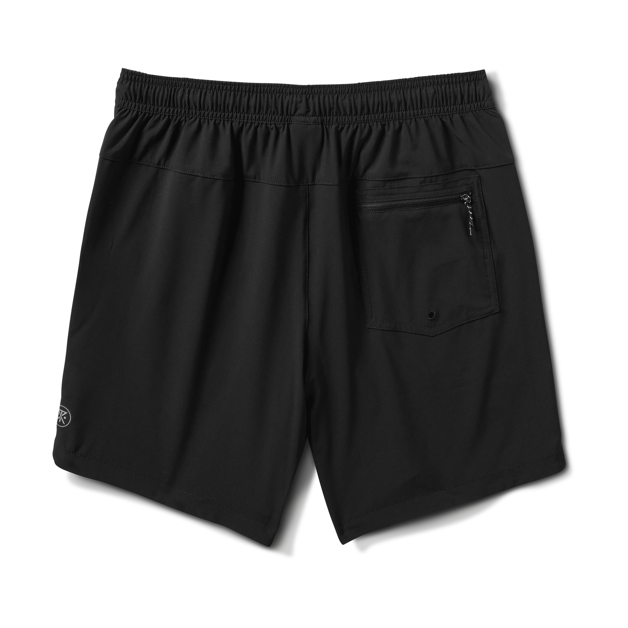 Back view of the Serrano athletic shorts in black, showcasing a rear patch pocket with a secure YKK zipper and a sleek unlined design for versatility and comfort.
