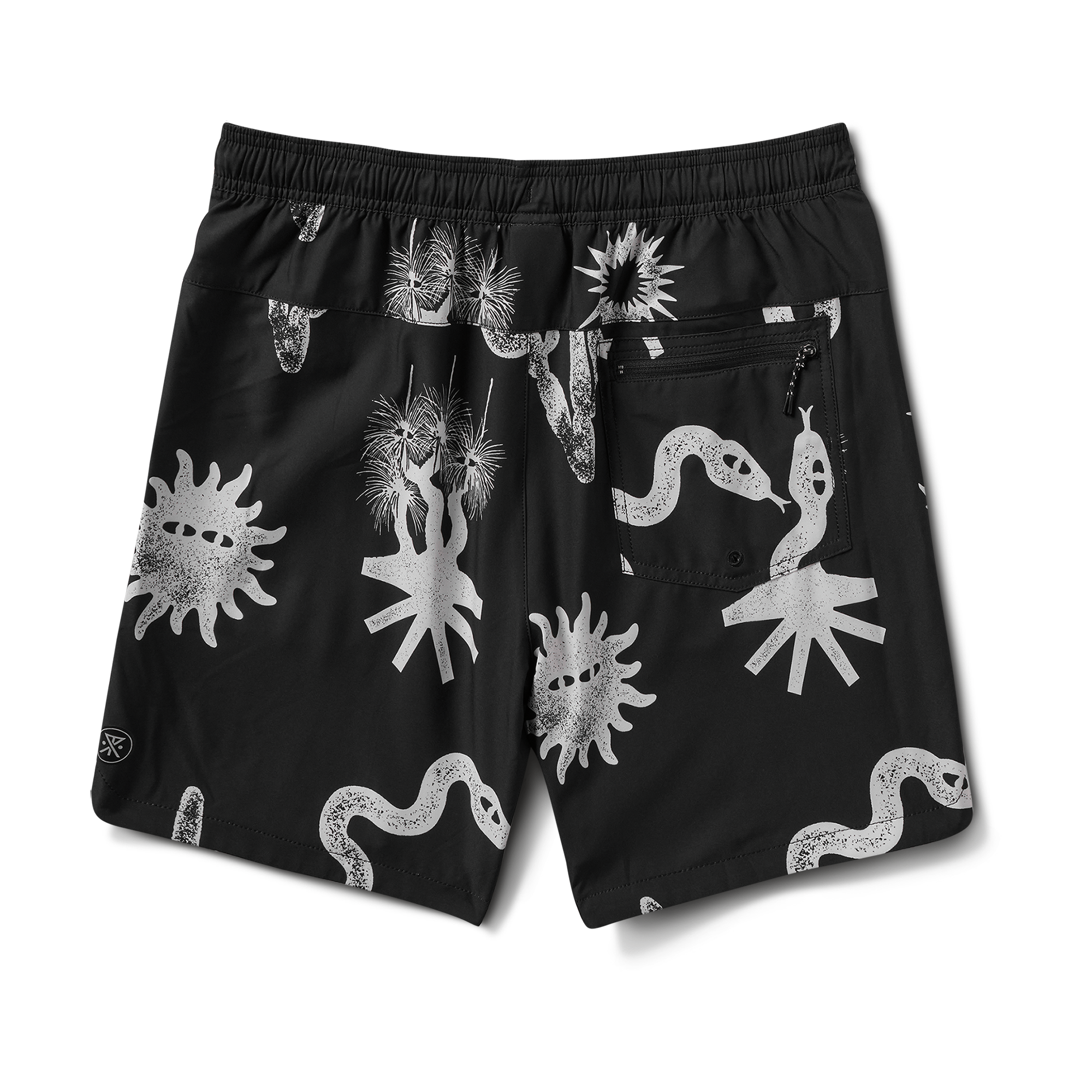Back view of black swim shorts showcasing unique white graphic prints of snakes, sun motifs, and desert-inspired patterns, ideal for beach and poolside activities.