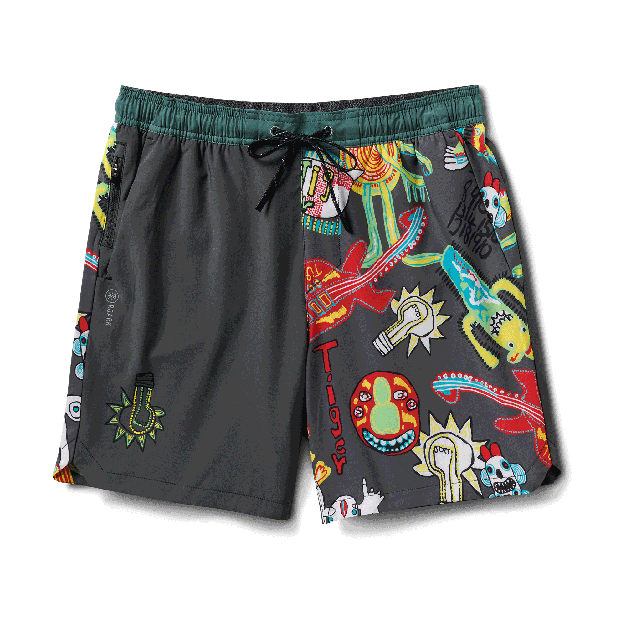 Roark multicolor quick-dry shorts with playful artistic graphics and elastic waist, designed for comfort and vibrant style.