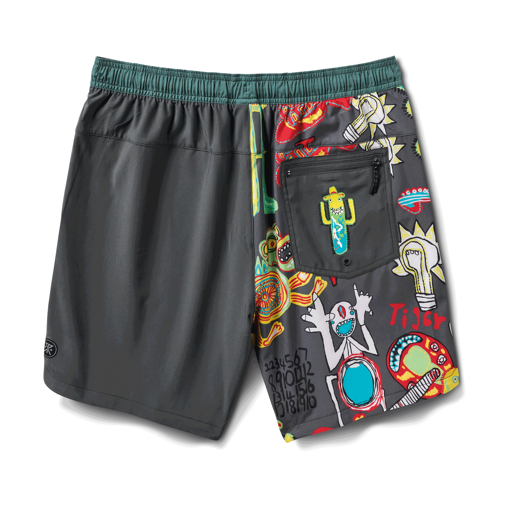 Back view of Roark multicolor quick-dry shorts featuring bold artistic graphics, a secure pocket, and an elastic waist.