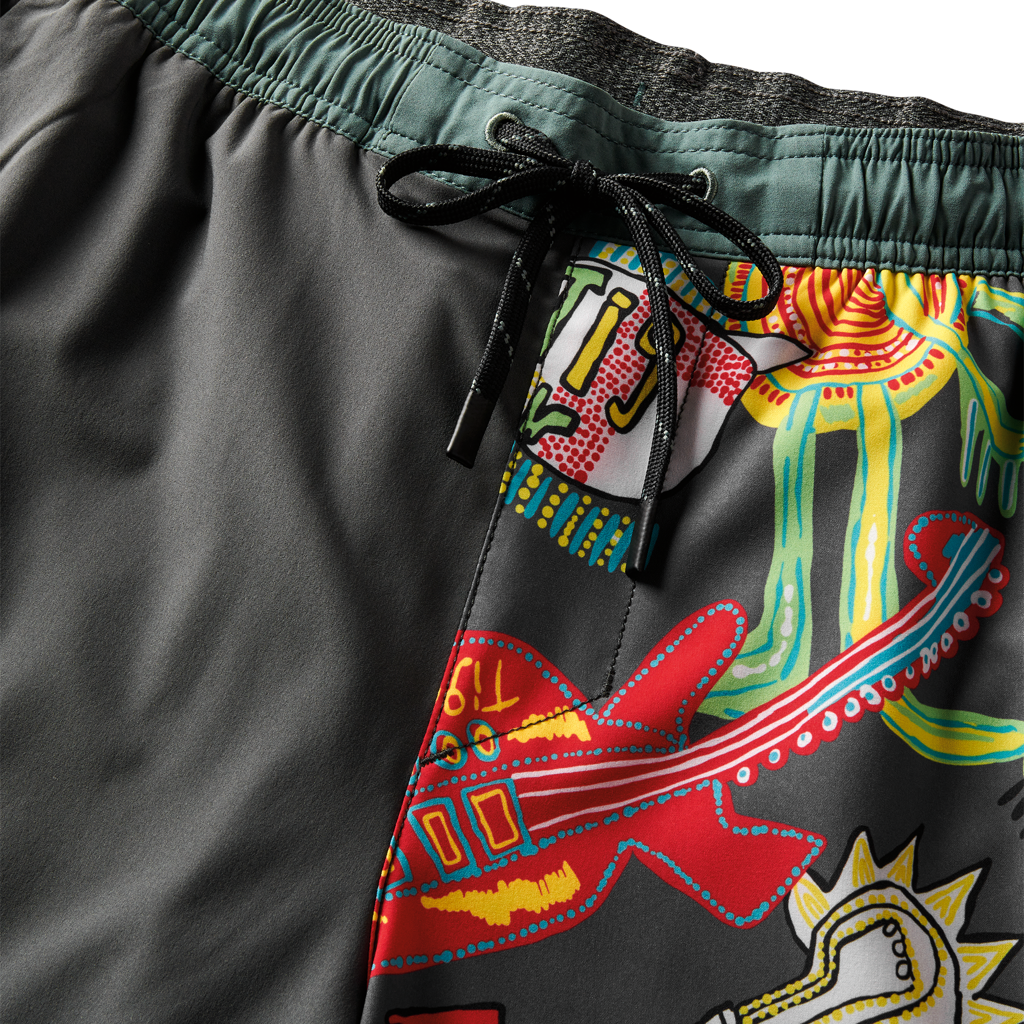 Close-up of Roark shorts' vibrant graphics with detailed design and durable stitching for a standout look and lasting comfort.
