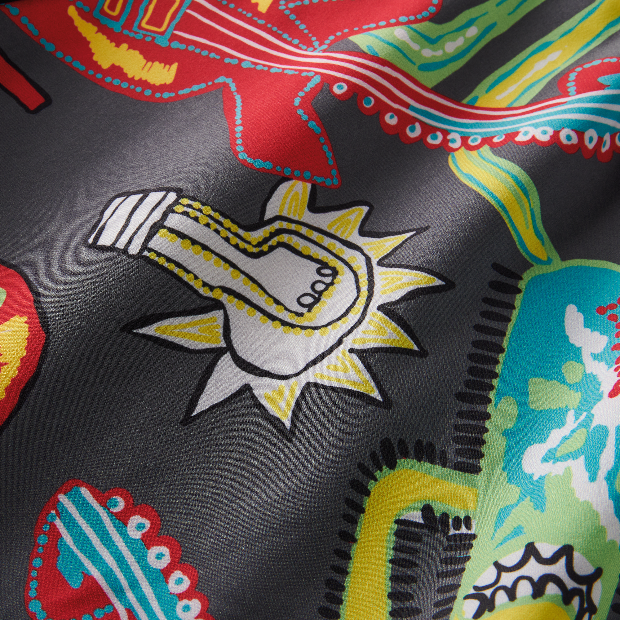 Detailed graphic on Roark multicolor shorts showcasing artistic creativity and high-quality print for a bold and unique style.