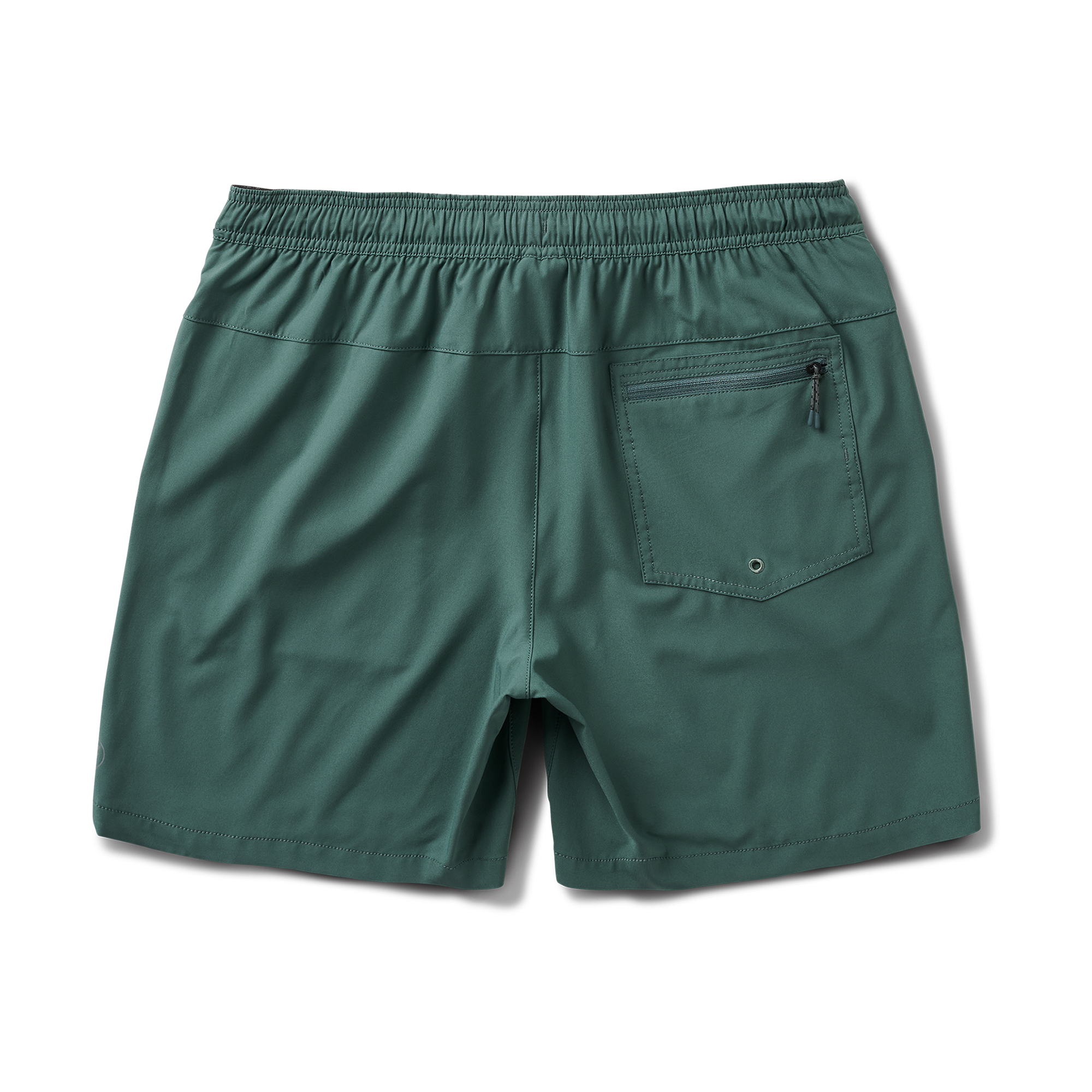 Back view of forest green Roark shorts featuring a zippered pocket and elastic waistband, perfect for outdoor adventures.