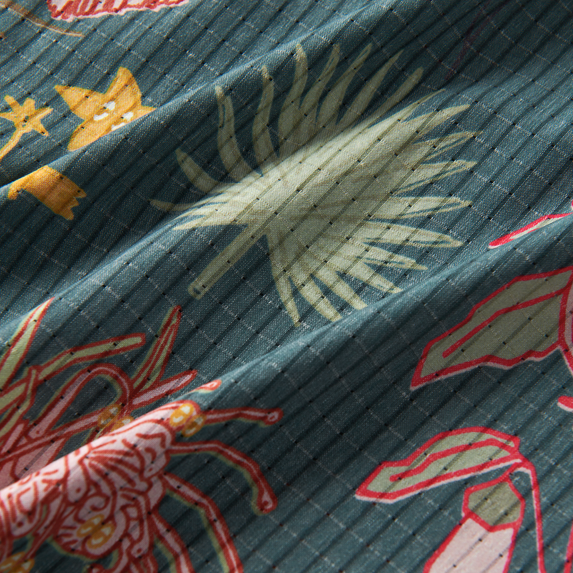 Abstract textile design featuring intricate patterns and motifs, embodying Roark's spirit of adventure and craftsmanship.