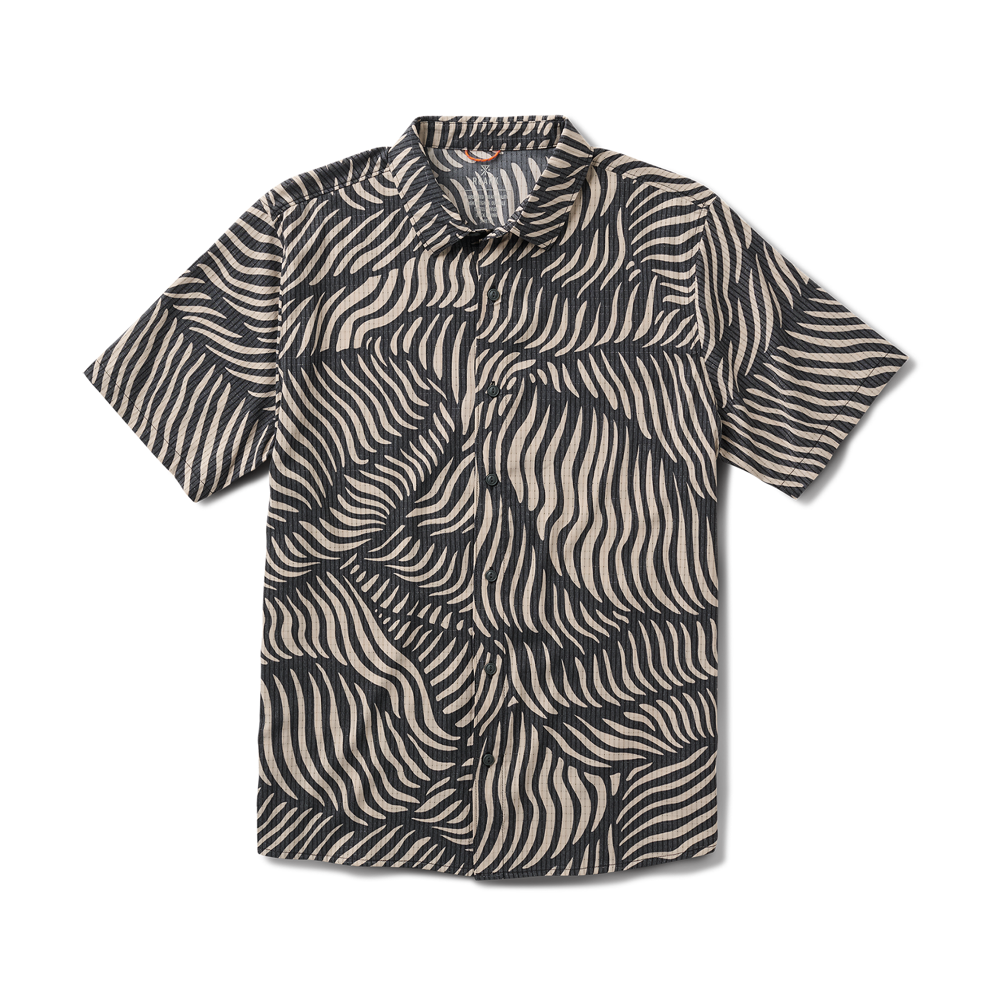 Close-up of a gray active shirt with visible sleeve, collar, and button details, displayed on a clothes hanger, designed for adventure and travel.