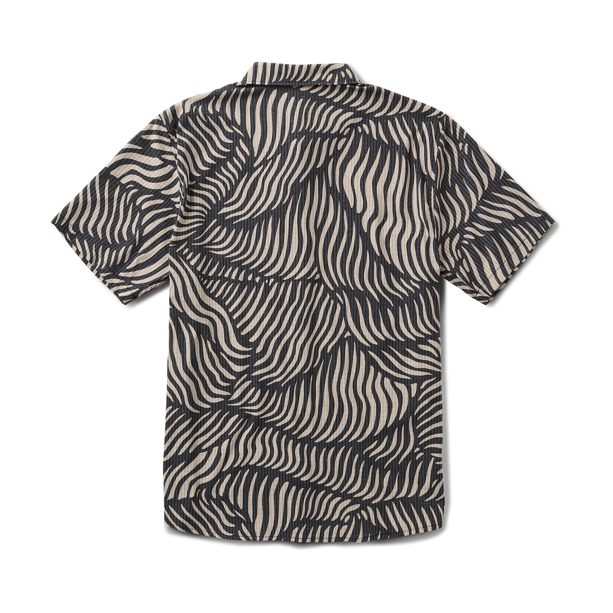 Close-up of a gray Roark active shirt featuring distinctive patterns, visible buttons, and a detailed collar and sleeve design, perfect for outdoor adventures.