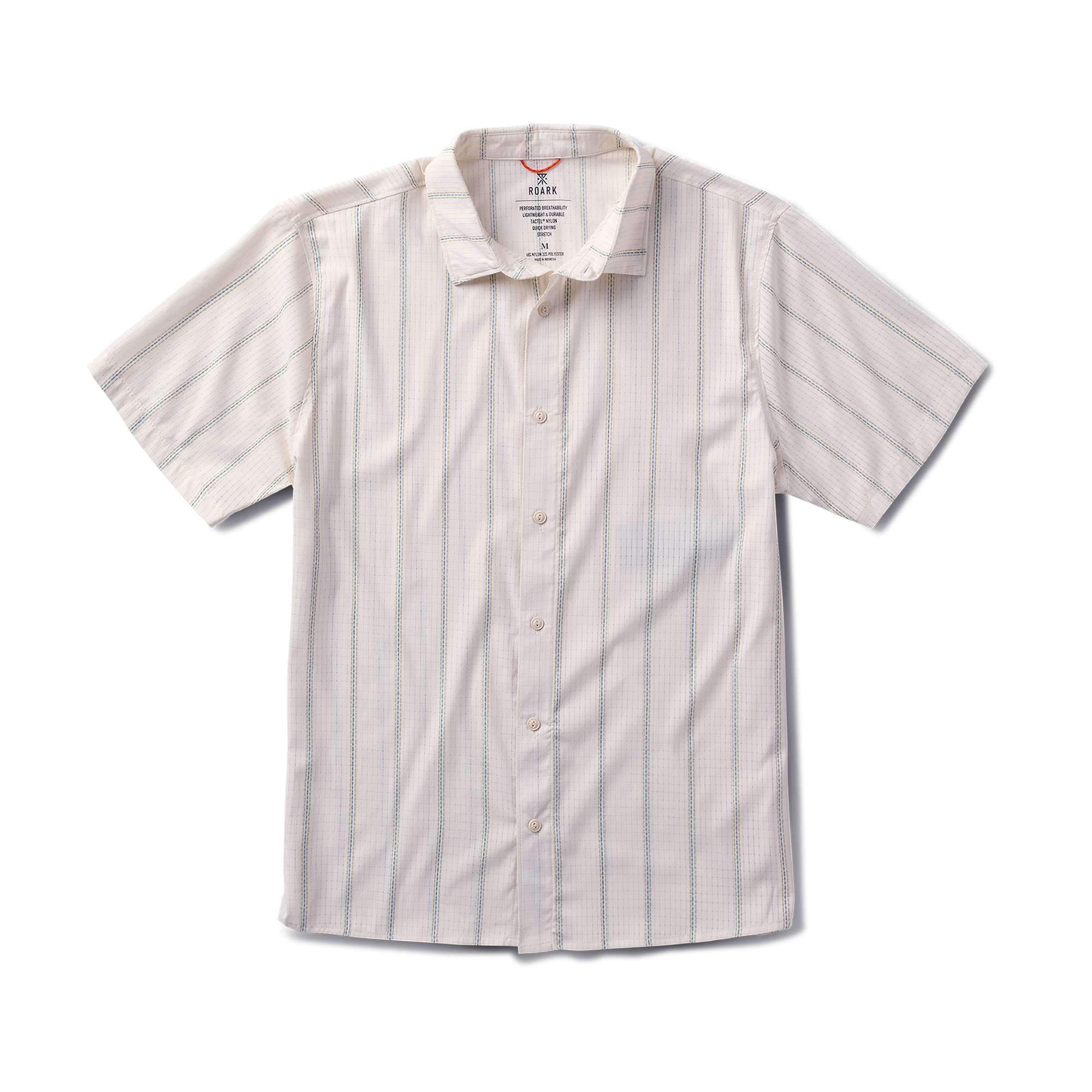 Close-up of a versatile Roark active dress shirt featuring detailed stitching on the sleeve, collar, and buttons, ideal for adventure and travel.