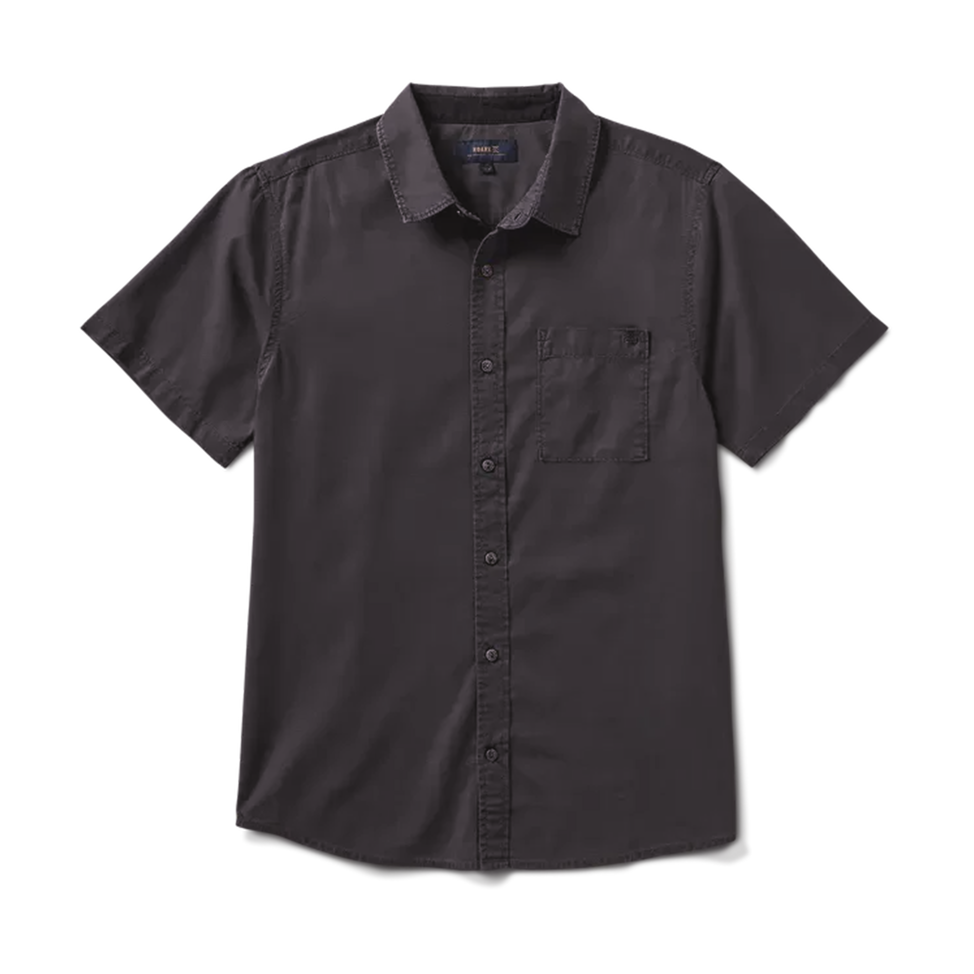 Front view of a black short-sleeve button-up shirt, perfect for casual or formal settings. Crafted with soft, high-quality fabric.