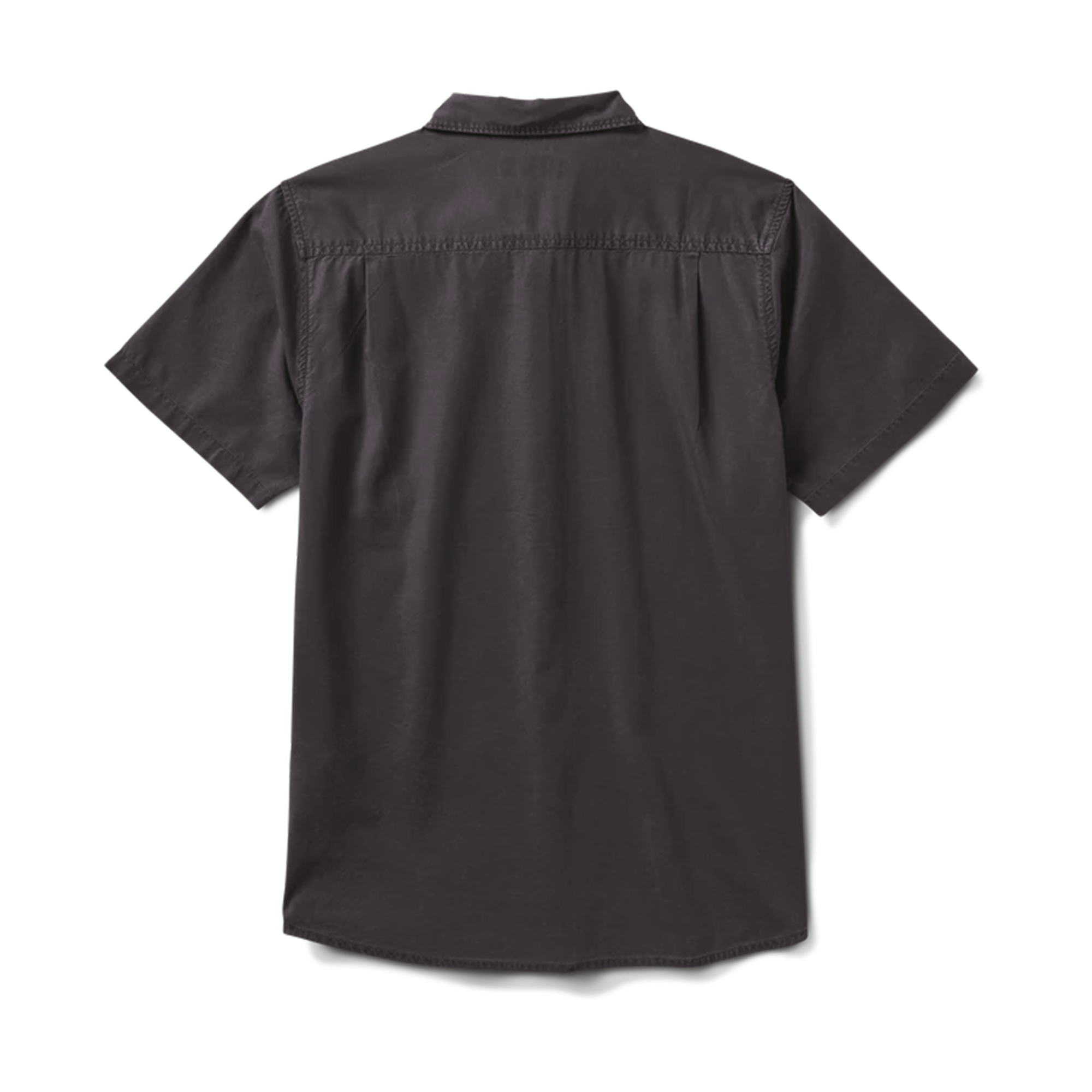Back view of a black short-sleeve button-up shirt, showcasing its clean, minimalistic design and durable craftsmanship.